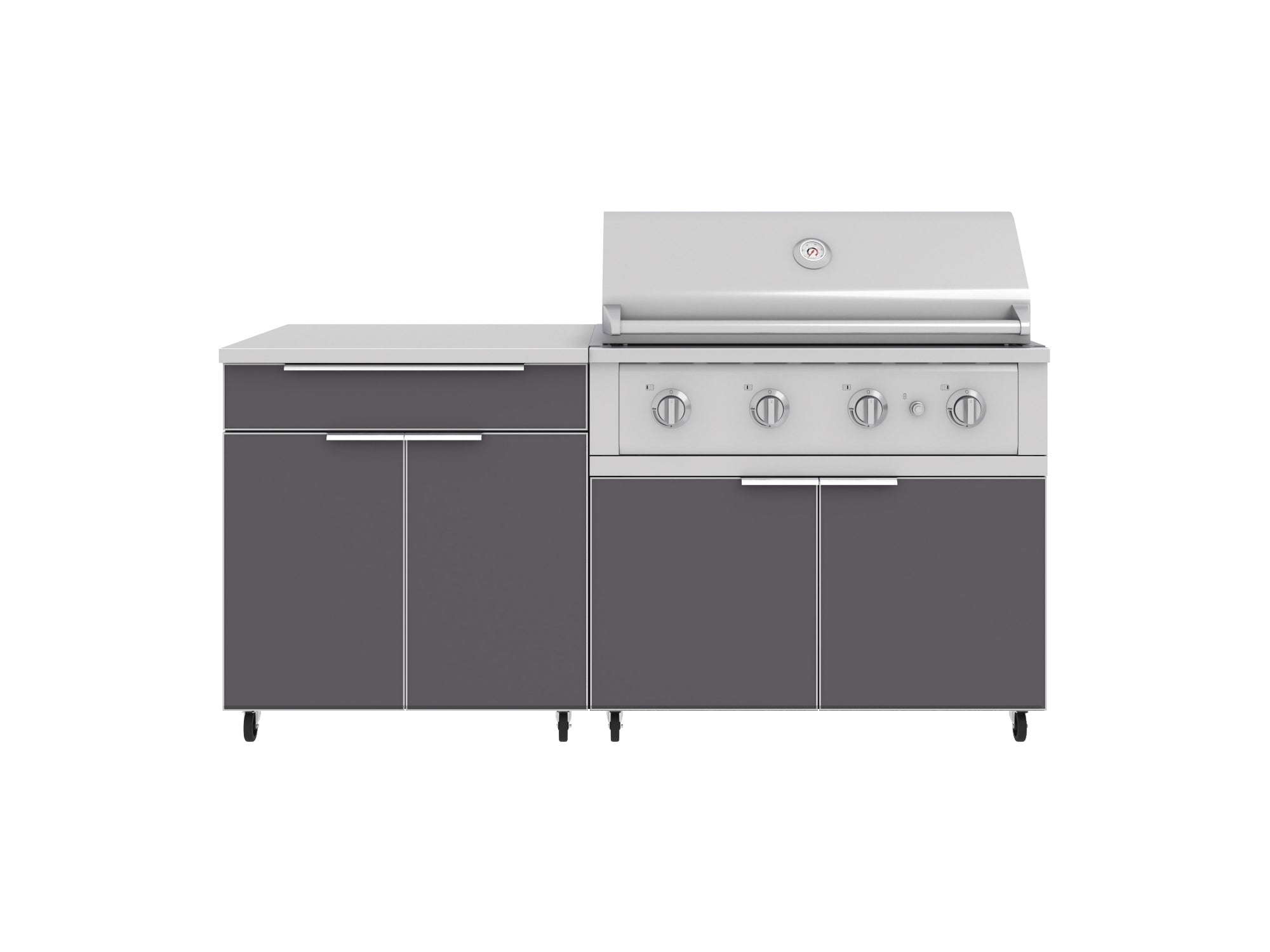 Outdoor Kitchen Aluminum 4 Piece Cabinet Set with Casters and Bar, Grill Cabinet, Performance Grill, and Countertop