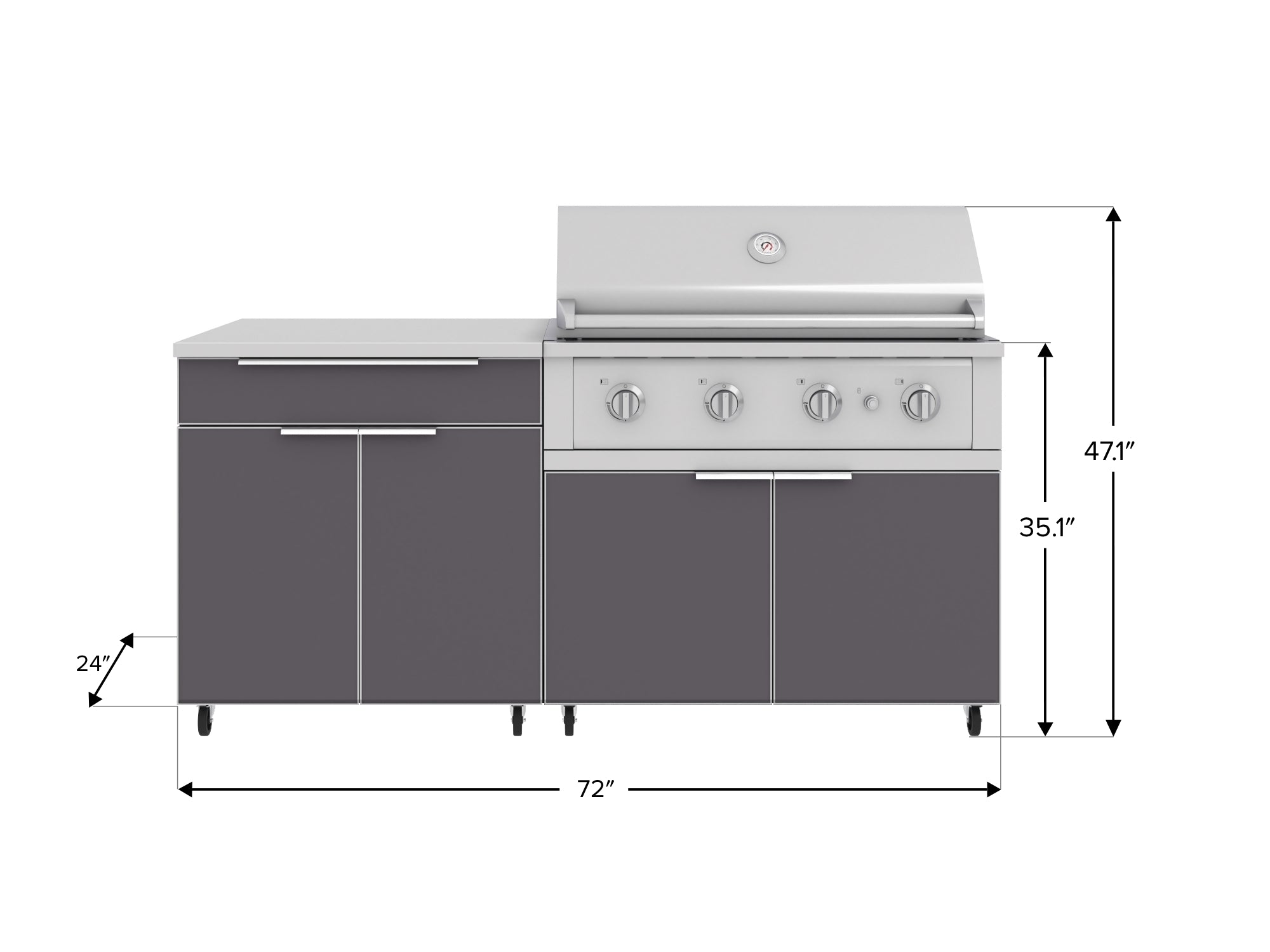 Outdoor Kitchen Aluminum 4 Piece Cabinet Set with Casters and Bar, Grill Cabinet, Performance Grill, and Countertop