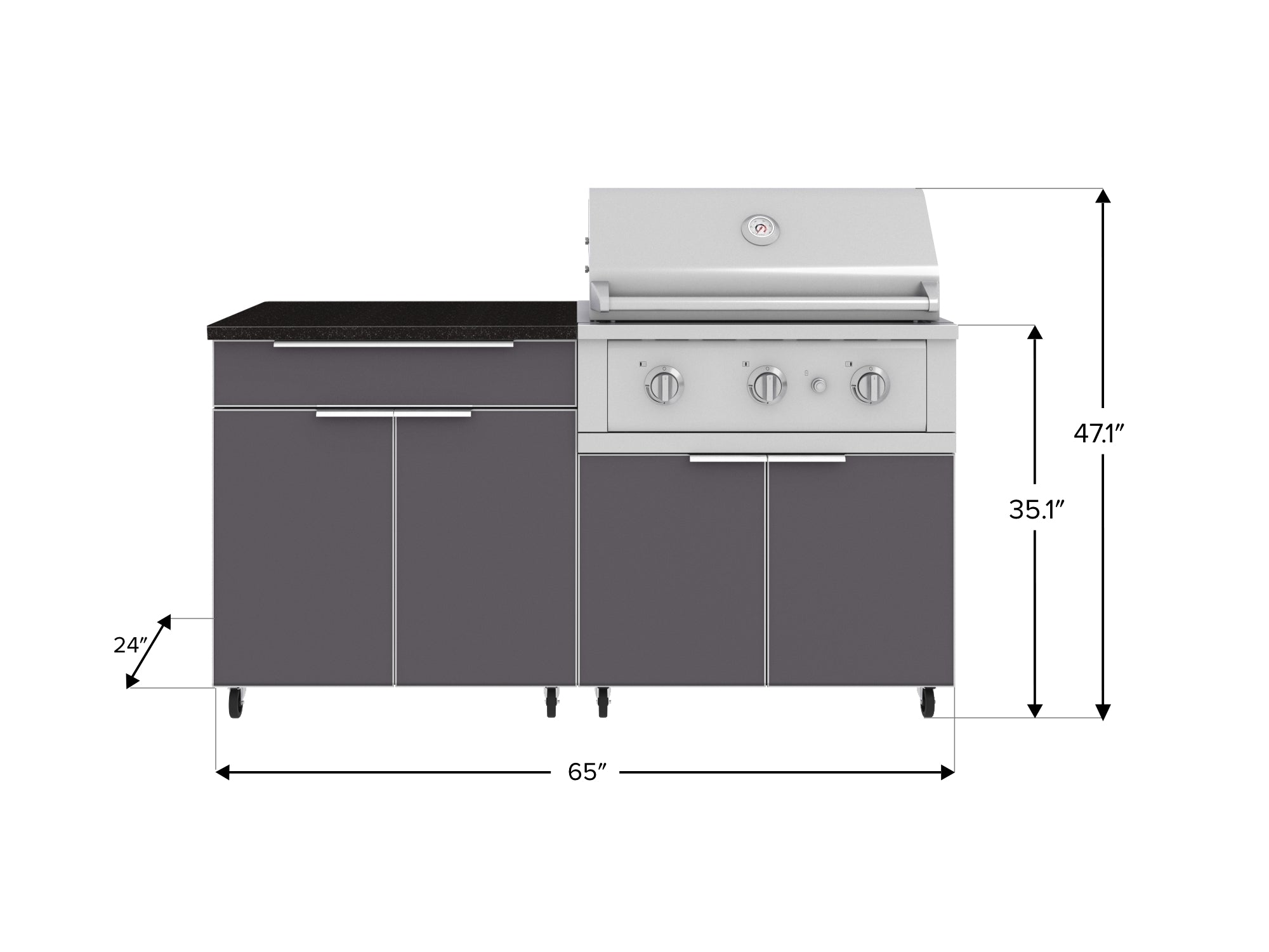 Outdoor Kitchen Aluminum 4 Piece Cabinet Set with Casters and Bar, Grill Cabinet, Performance Grill, and Countertop