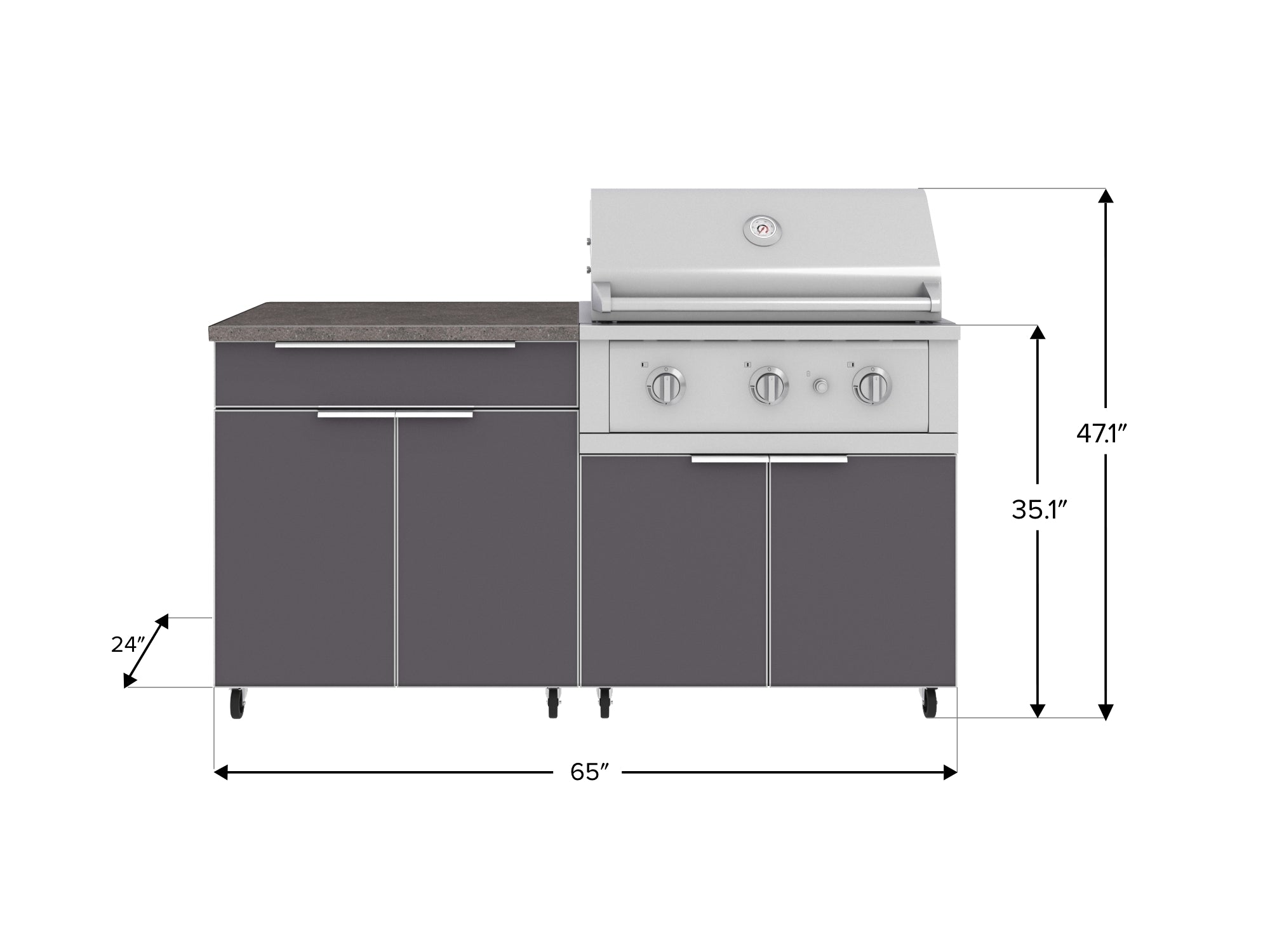 Outdoor Kitchen Aluminum 4 Piece Cabinet Set with Casters and Bar, Grill Cabinet, Performance Grill, and Countertop