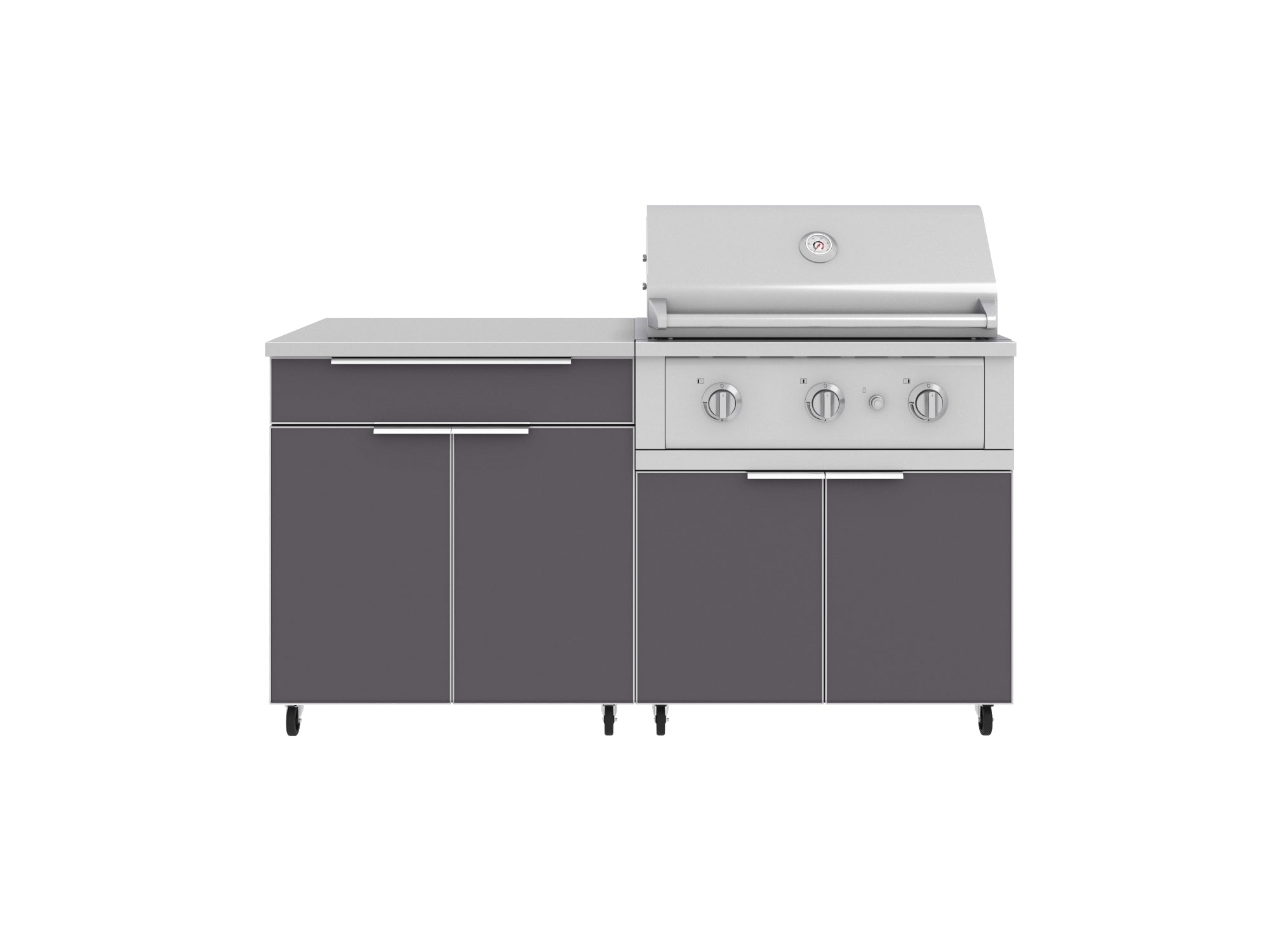 Outdoor Kitchen Aluminum 4 Piece Cabinet Set with Casters and Bar, Grill Cabinet, Performance Grill, and Countertop