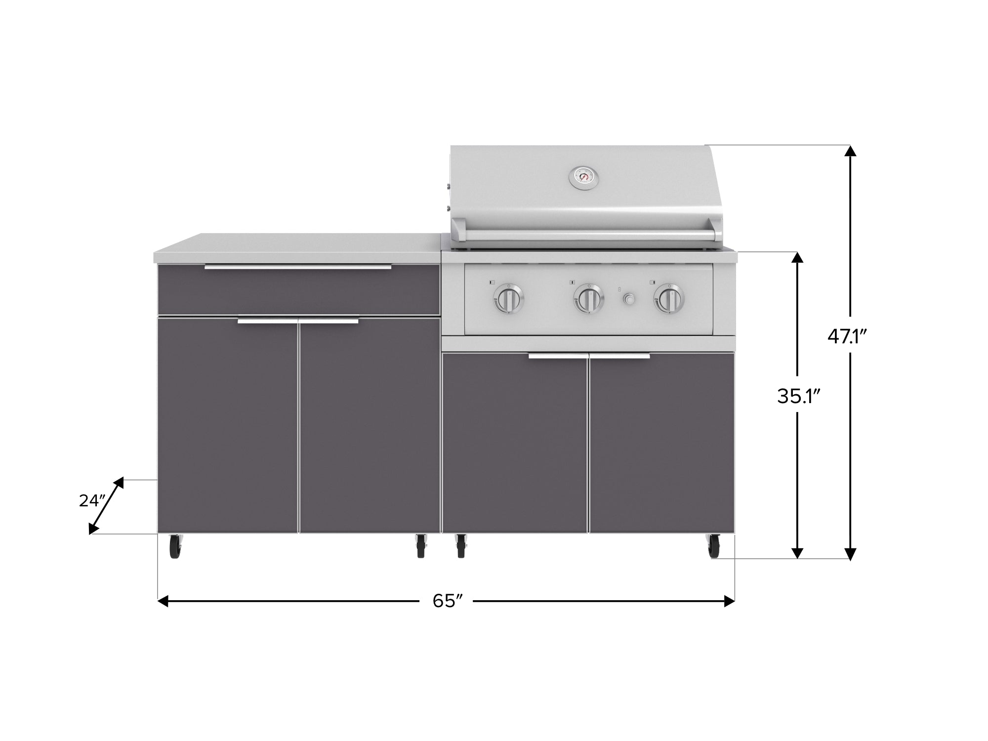 Outdoor Kitchen Aluminum 4 Piece Cabinet Set with Casters and Bar, Grill Cabinet, Performance Grill, and Countertop