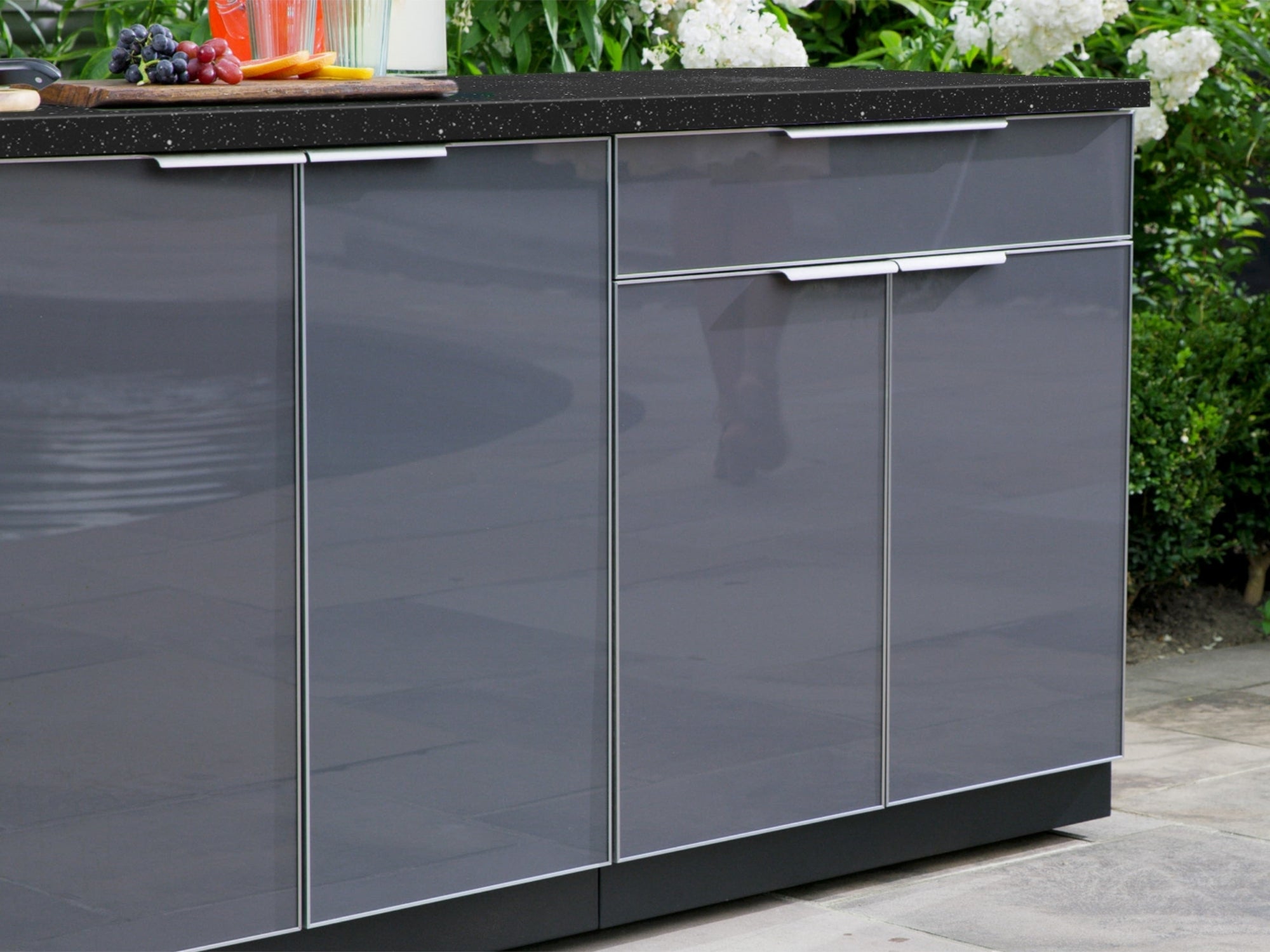 Outdoor Kitchen Aluminum 4 Piece Cabinet Set with Casters and Bar, Grill Cabinet, Performance Grill, and Countertop