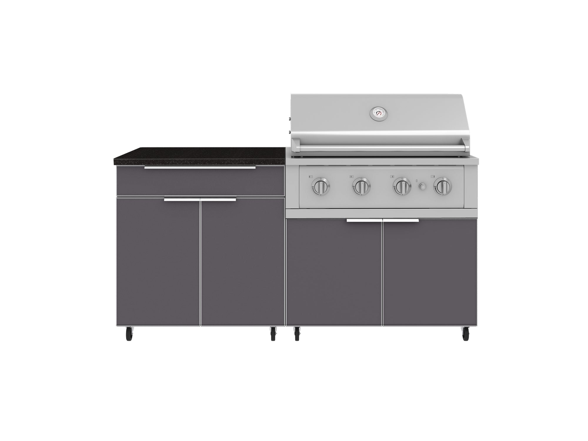 Outdoor Kitchen Aluminum 4 Piece Cabinet Set with Casters and Bar, Grill Cabinet, Performance Grill, and Countertop