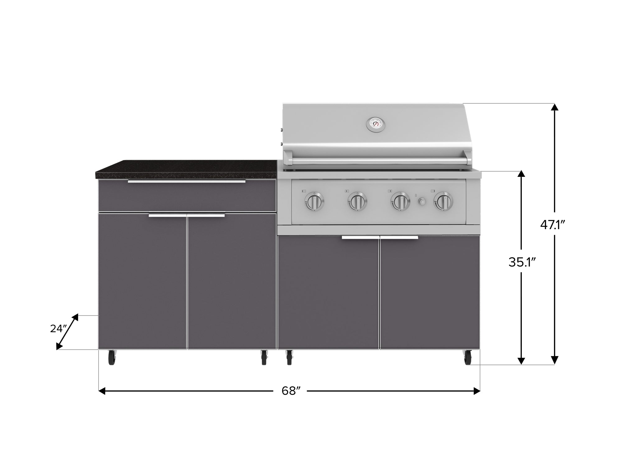 Outdoor Kitchen Aluminum 4 Piece Cabinet Set with Casters and Bar, Grill Cabinet, Performance Grill, and Countertop