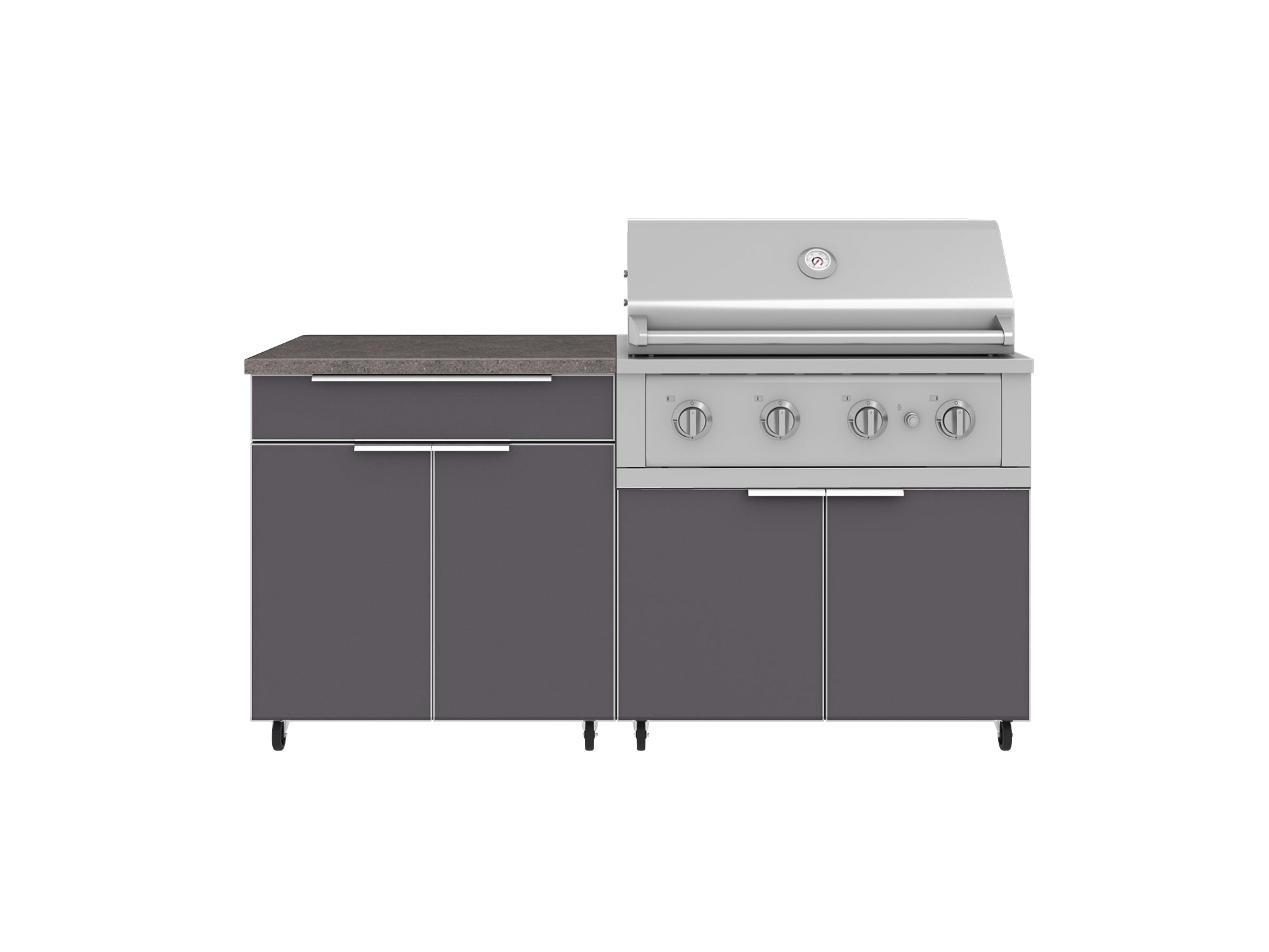 Outdoor Kitchen Aluminum 4 Piece Cabinet Set with Casters and Bar, Grill Cabinet, Performance Grill, and Countertop