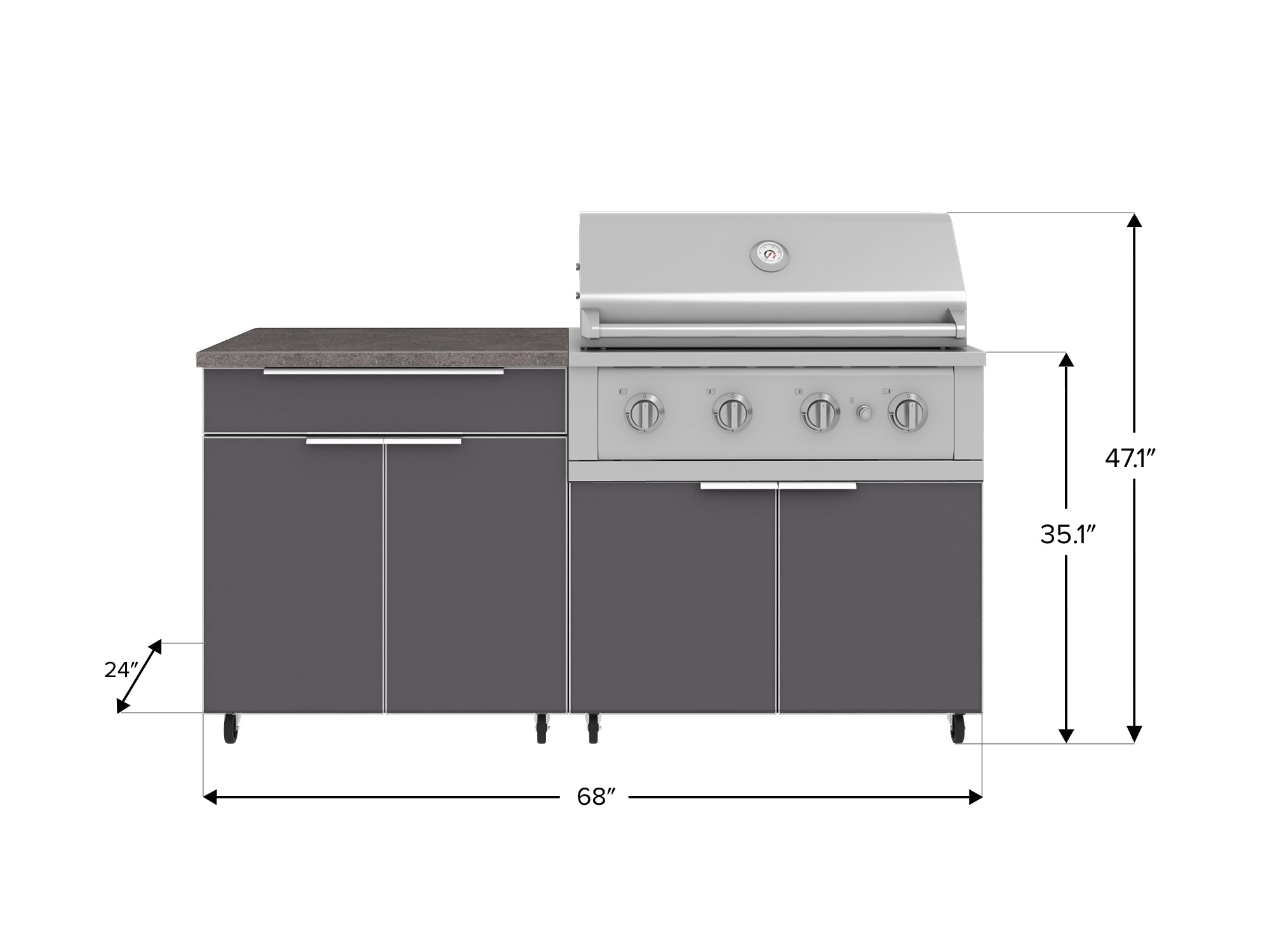 Outdoor Kitchen Aluminum 4 Piece Cabinet Set with Casters and Bar, Grill Cabinet, Performance Grill, and Countertop