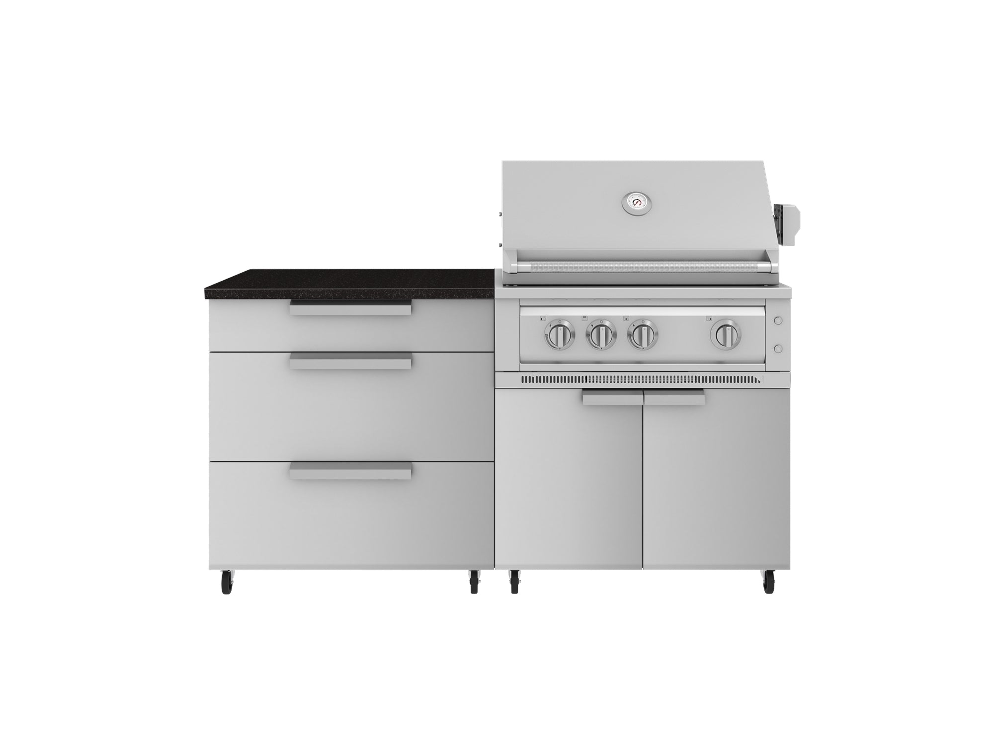 Outdoor Kitchen Stainless Steel 4 Piece Cabinet set with Casters and 3 Drawer, Grill Cabinet, Platinum Grill, Countertop