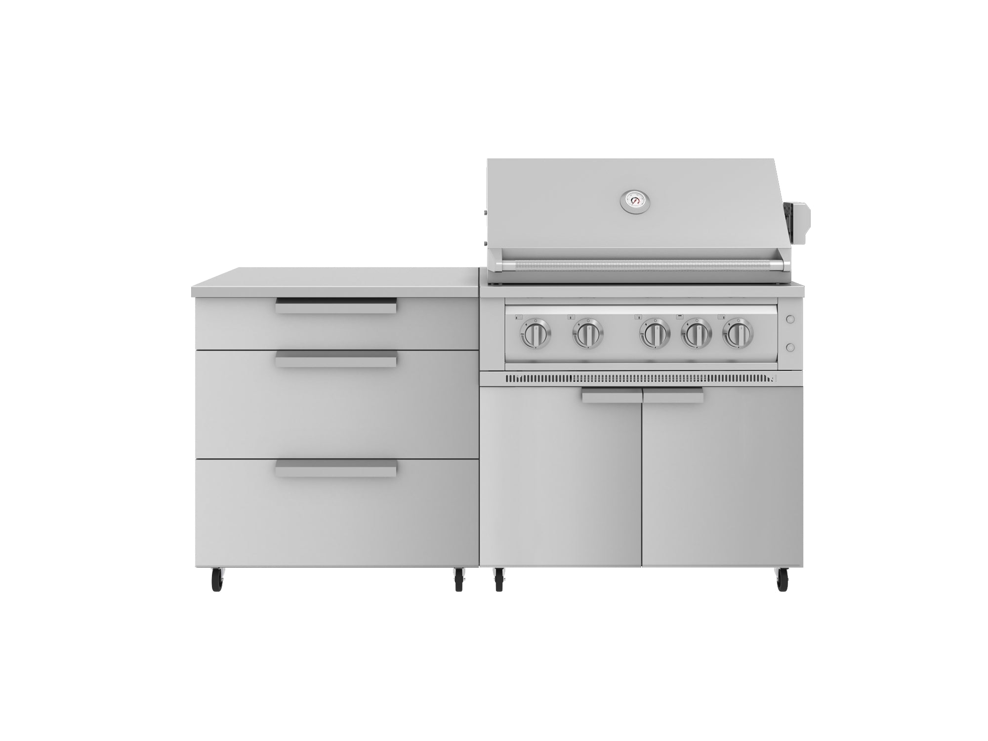 Outdoor Kitchen Stainless Steel 4 Piece Cabinet set with Casters and 3 Drawer, Grill Cabinet, Platinum Grill, Countertop