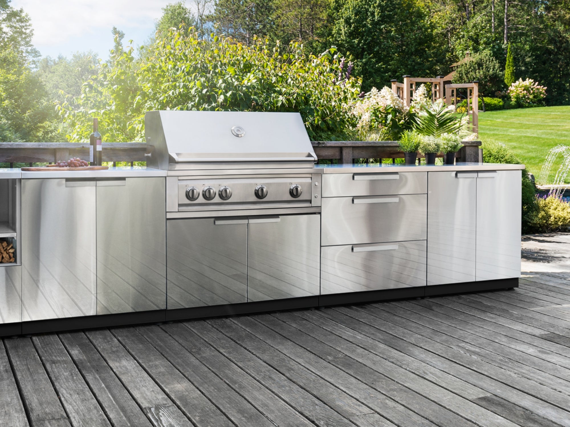 Outdoor Kitchen Stainless Steel 4 Piece Cabinet set with Casters and 3 Drawer, Grill Cabinet, Platinum Grill, Countertop