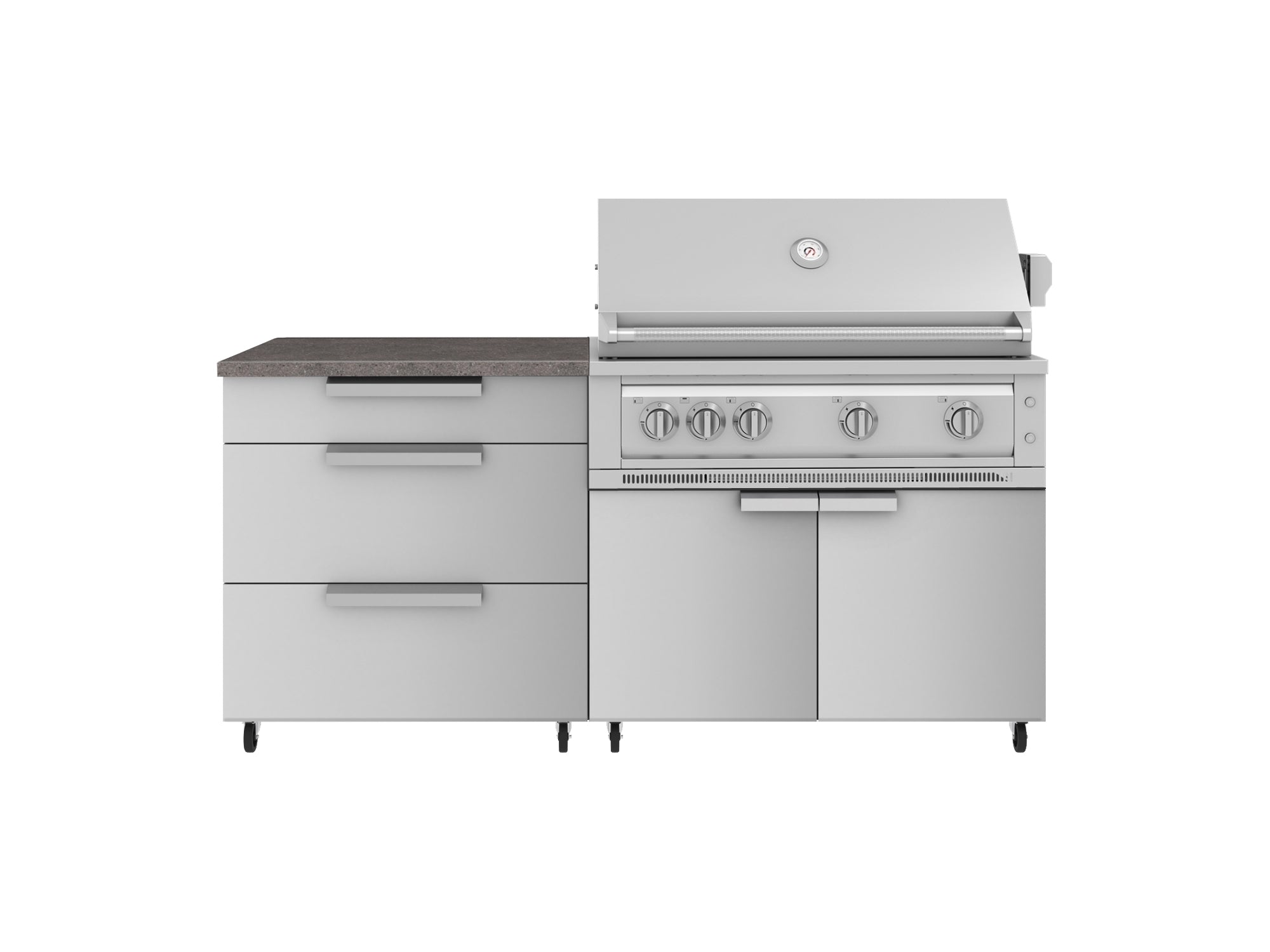 Outdoor Kitchen Stainless Steel 4 Piece Cabinet set with Casters and 3 Drawer, Grill Cabinet, Platinum Grill, Countertop