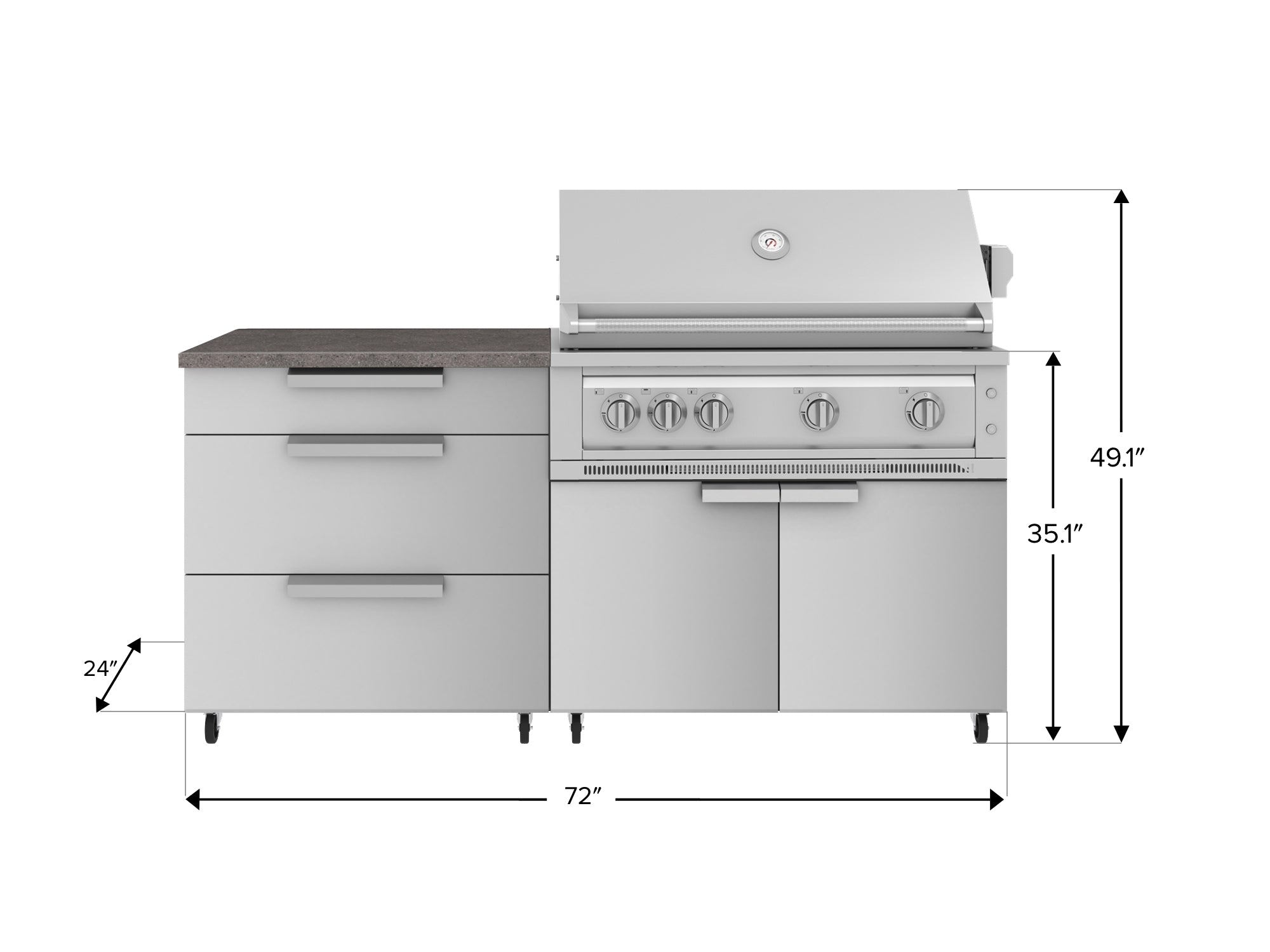 Outdoor Kitchen Stainless Steel 4 Piece Cabinet set with Casters and 3 Drawer, Grill Cabinet, Platinum Grill, Countertop