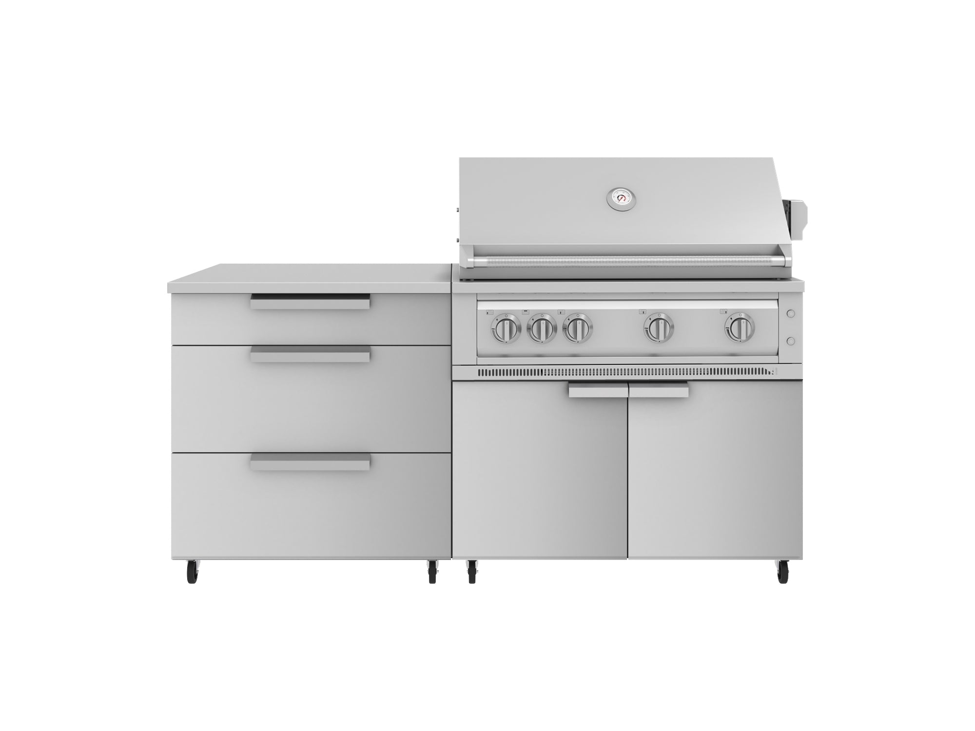 Outdoor Kitchen Stainless Steel 4 Piece Cabinet set with Casters and 3 Drawer, Grill Cabinet, Platinum Grill, Countertop