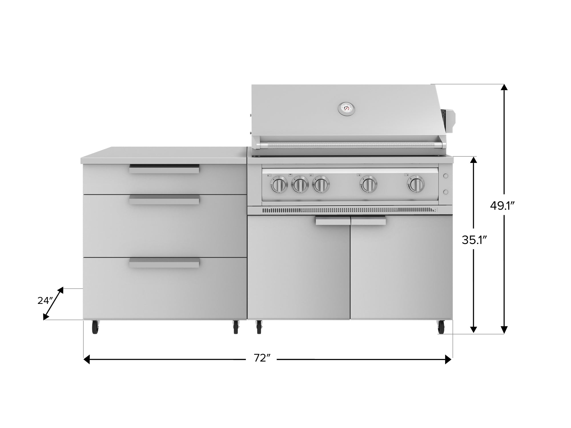 Outdoor Kitchen Stainless Steel 4 Piece Cabinet set with Casters and 3 Drawer, Grill Cabinet, Platinum Grill, Countertop