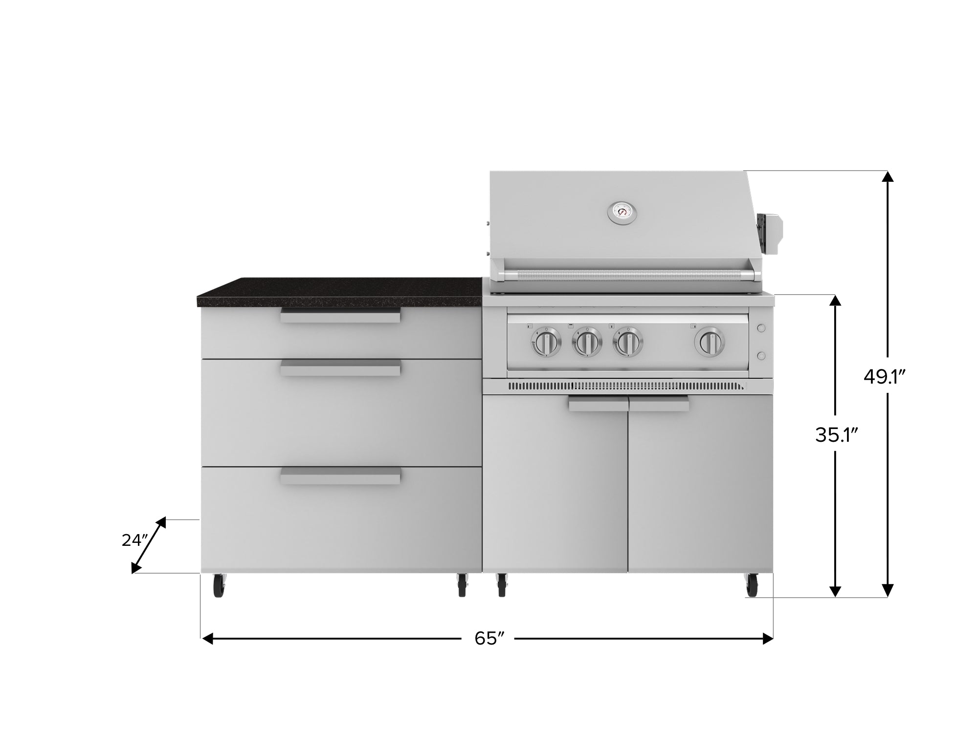 Outdoor Kitchen Stainless Steel 4 Piece Cabinet set with Casters and 3 Drawer, Grill Cabinet, Platinum Grill, Countertop