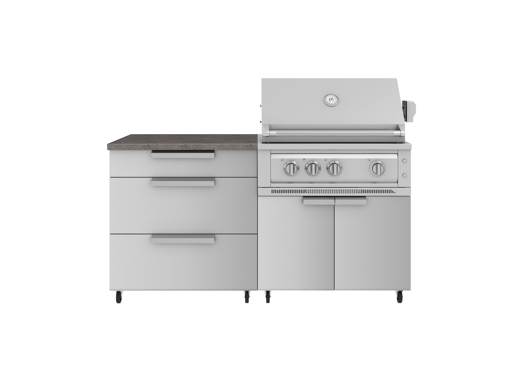 Outdoor Kitchen Stainless Steel 4 Piece Cabinet set with Casters and 3 Drawer, Grill Cabinet, Platinum Grill, Countertop