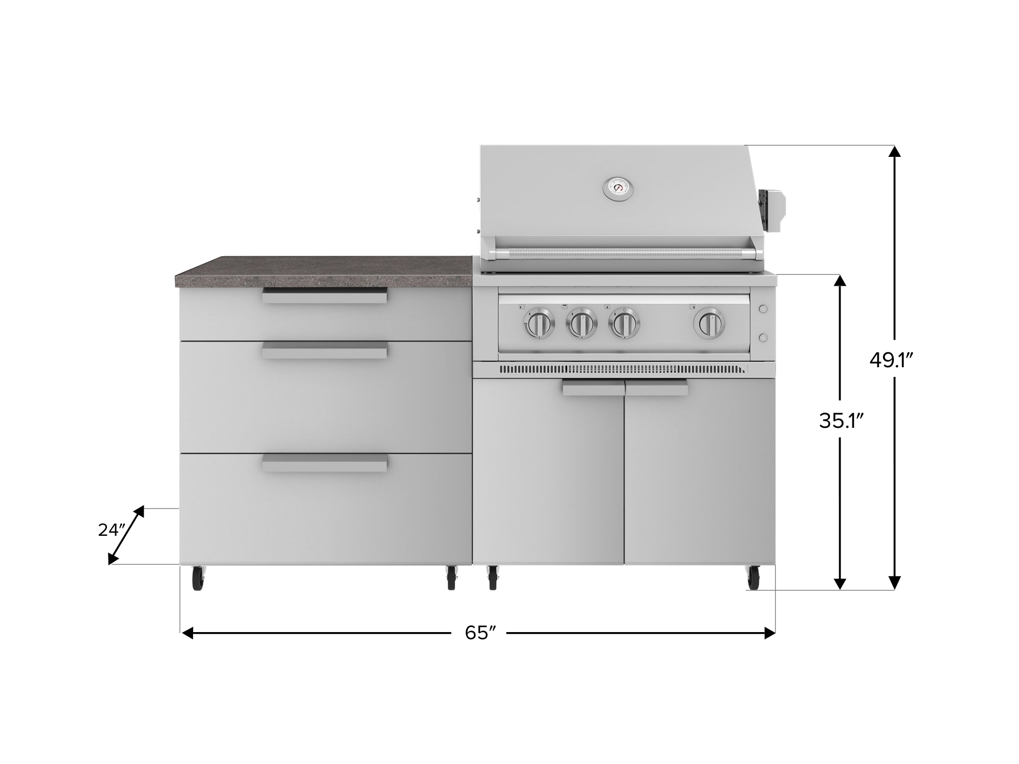 Outdoor Kitchen Stainless Steel 4 Piece Cabinet set with Casters and 3 Drawer, Grill Cabinet, Platinum Grill, Countertop