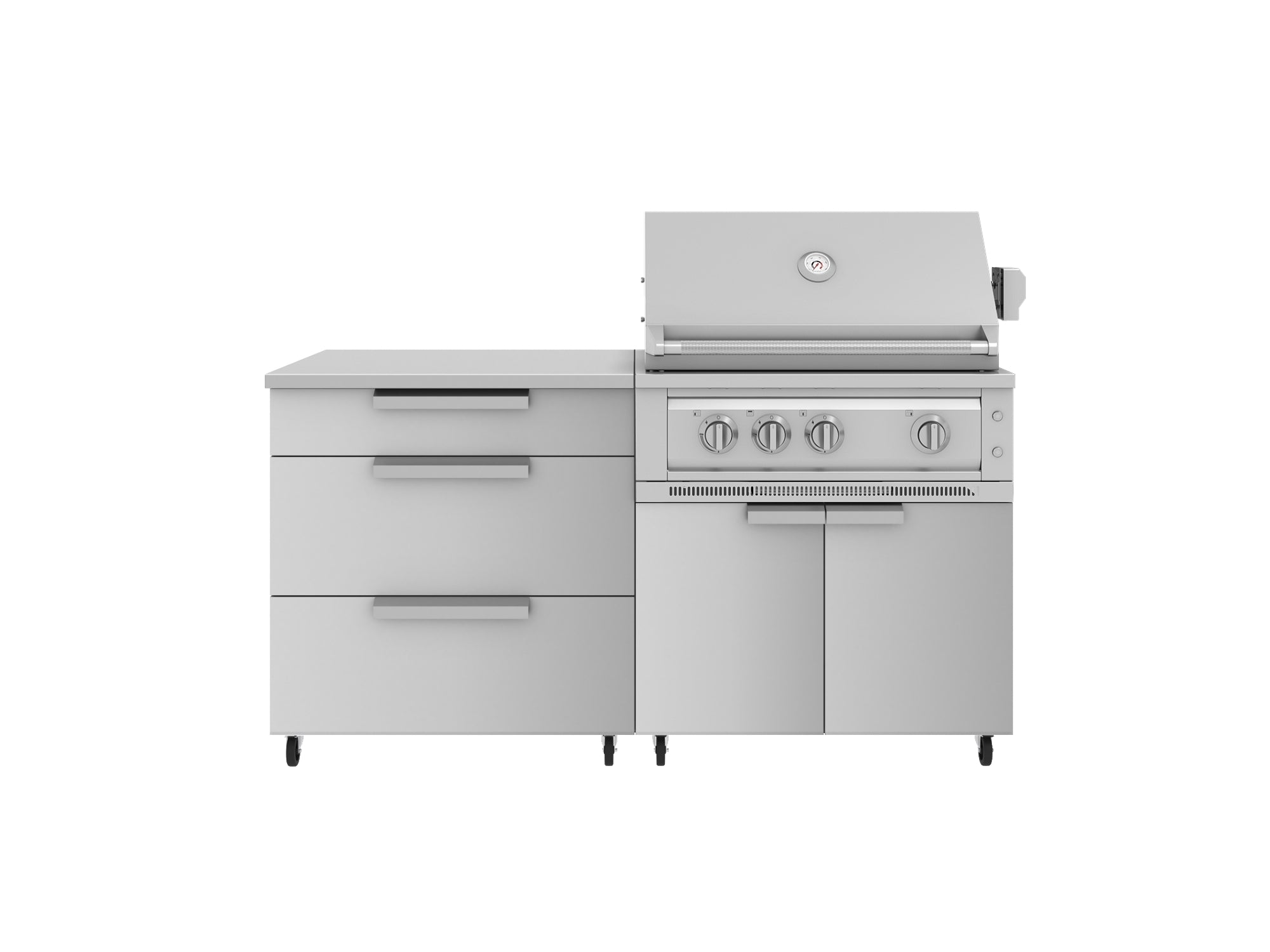 Outdoor Kitchen Stainless Steel 4 Piece Cabinet set with Casters and 3 Drawer, Grill Cabinet, Platinum Grill, Countertop