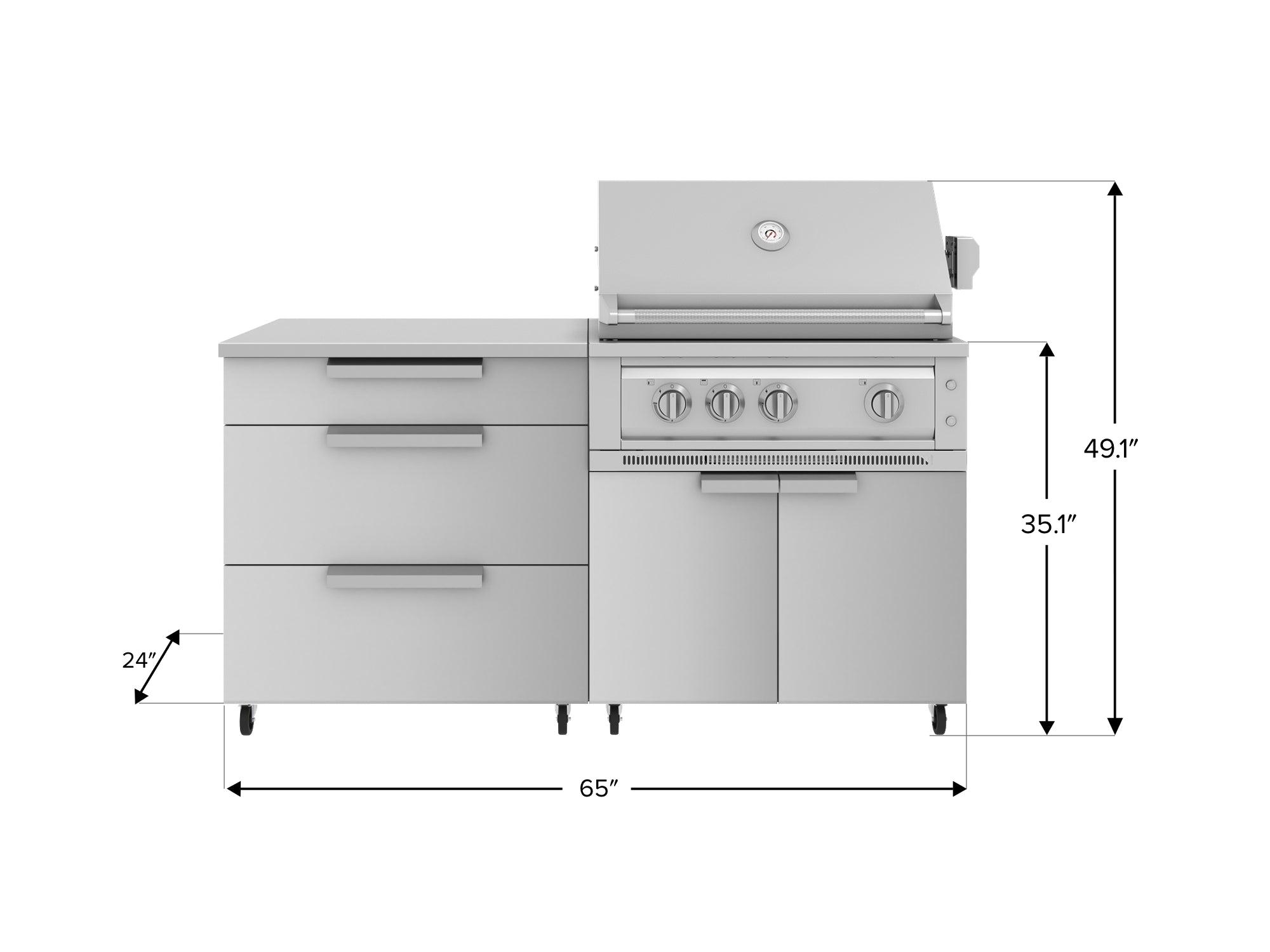 Outdoor Kitchen Stainless Steel 4 Piece Cabinet set with Casters and 3 Drawer, Grill Cabinet, Platinum Grill, Countertop