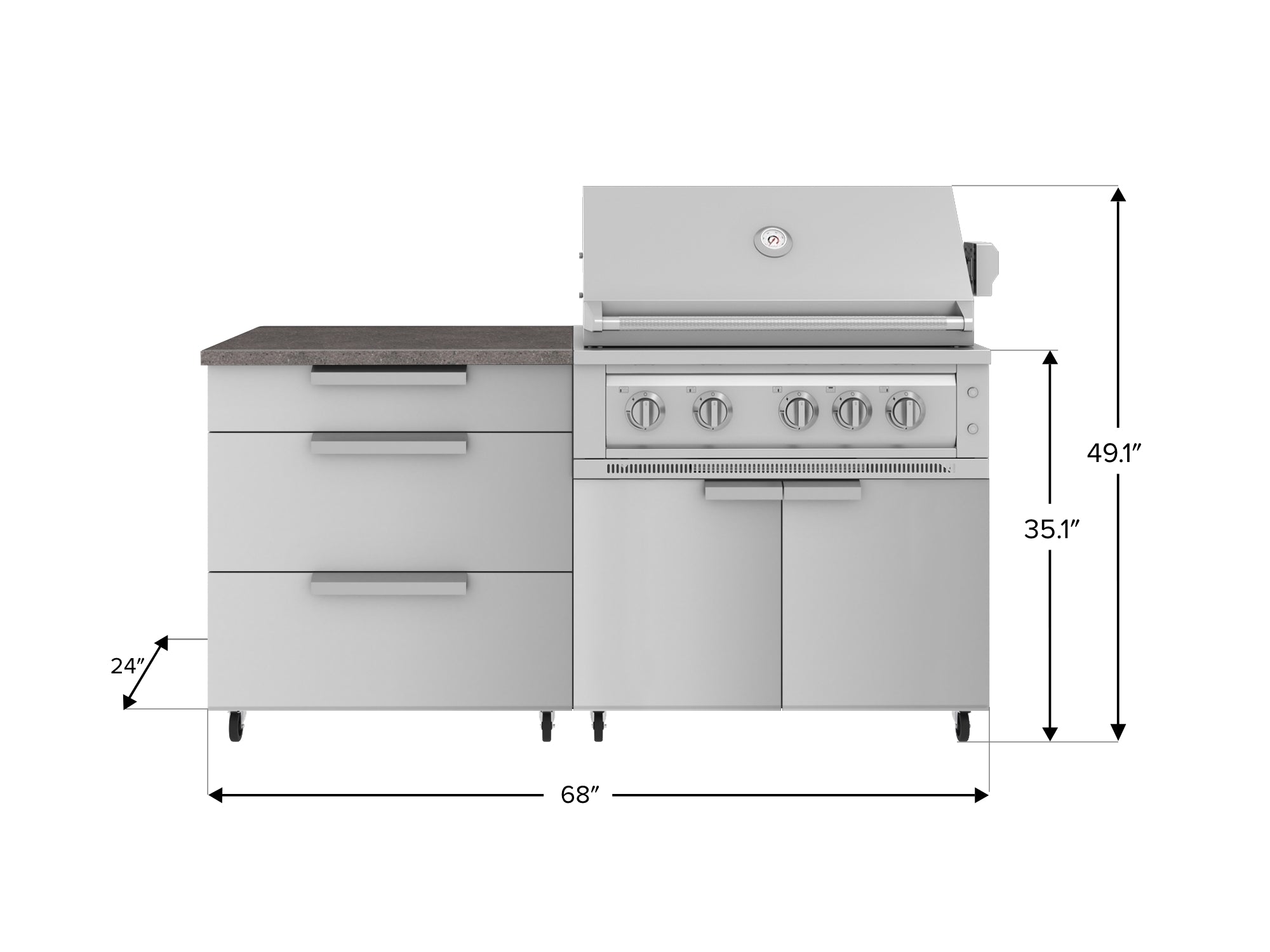 Outdoor Kitchen Stainless Steel 4 Piece Cabinet set with Casters and 3 Drawer, Grill Cabinet, Platinum Grill, Countertop