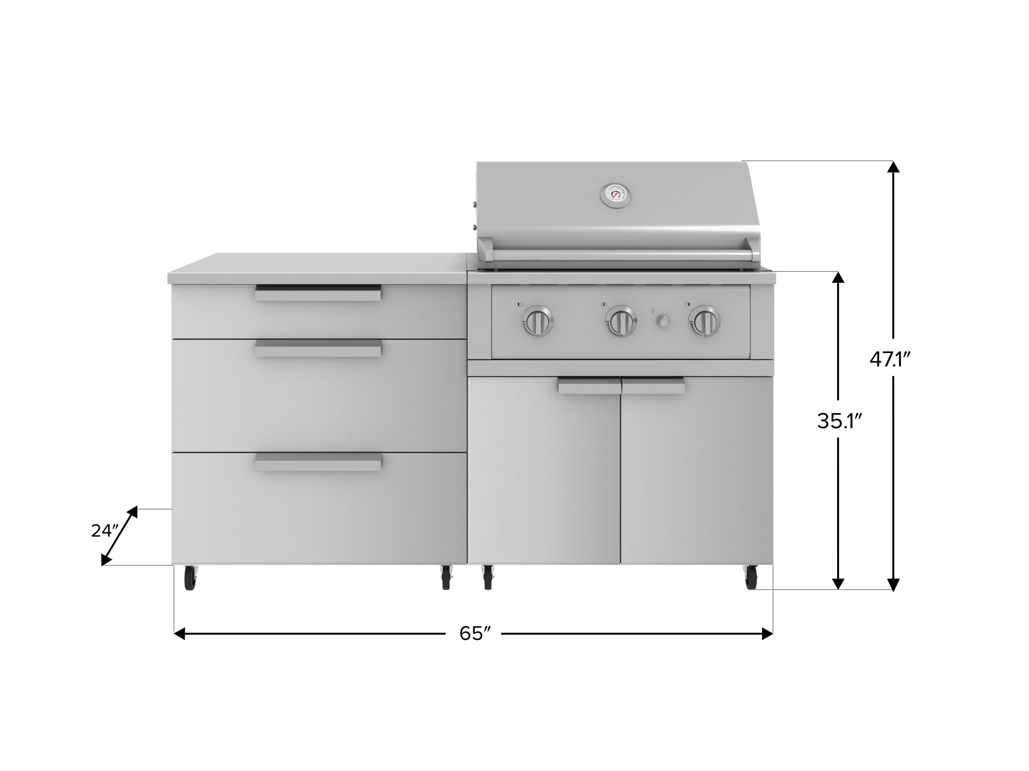 Outdoor Kitchen Stainless Steel 4 Piece Cabinet Set with Casters and 3 Drawer, Grill Cabinet, Performance Grill, Countertop