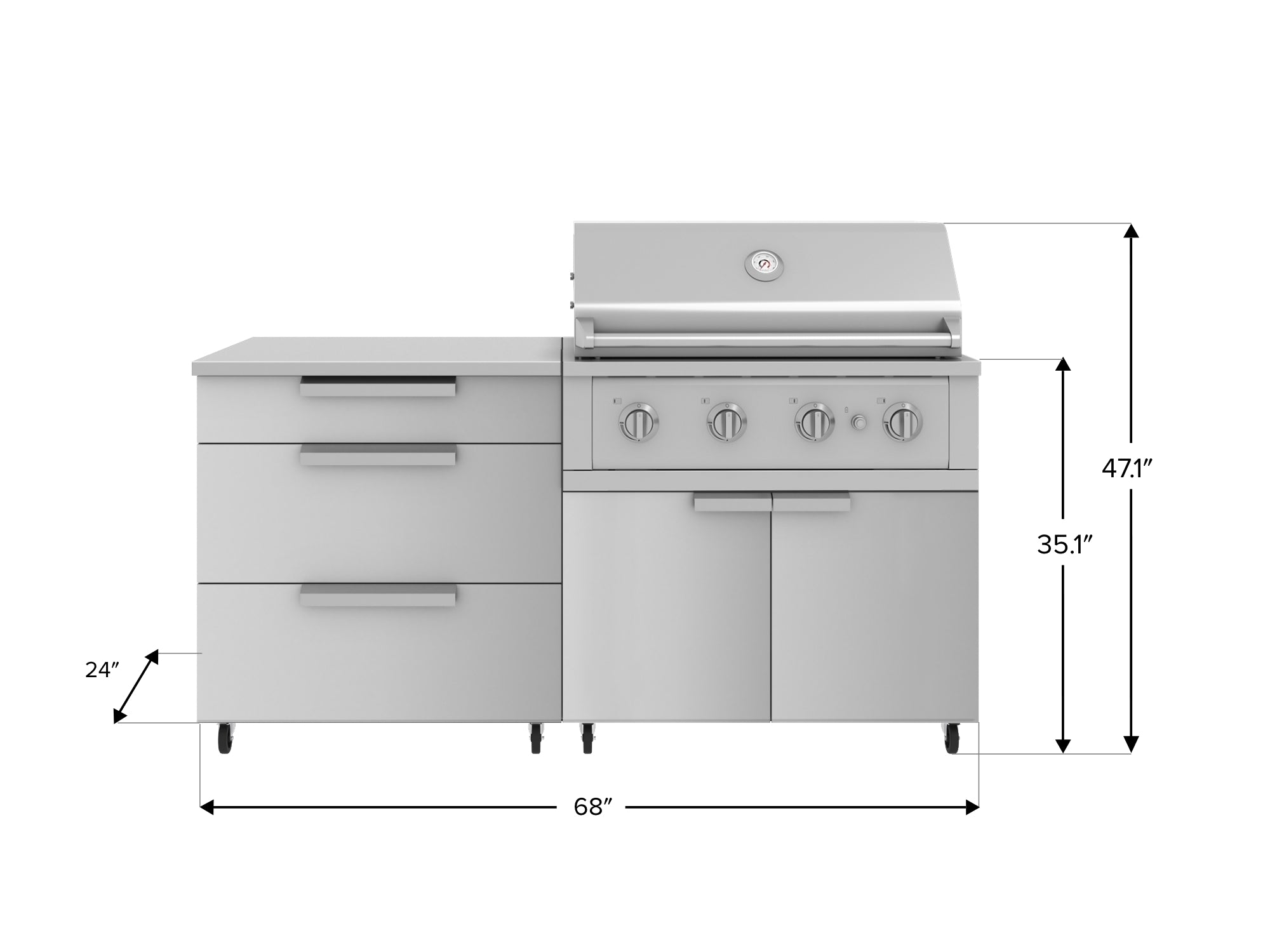 Outdoor Kitchen Stainless Steel 4 Piece Cabinet Set with Casters and 3 Drawer, Grill Cabinet, Performance Grill, Countertop