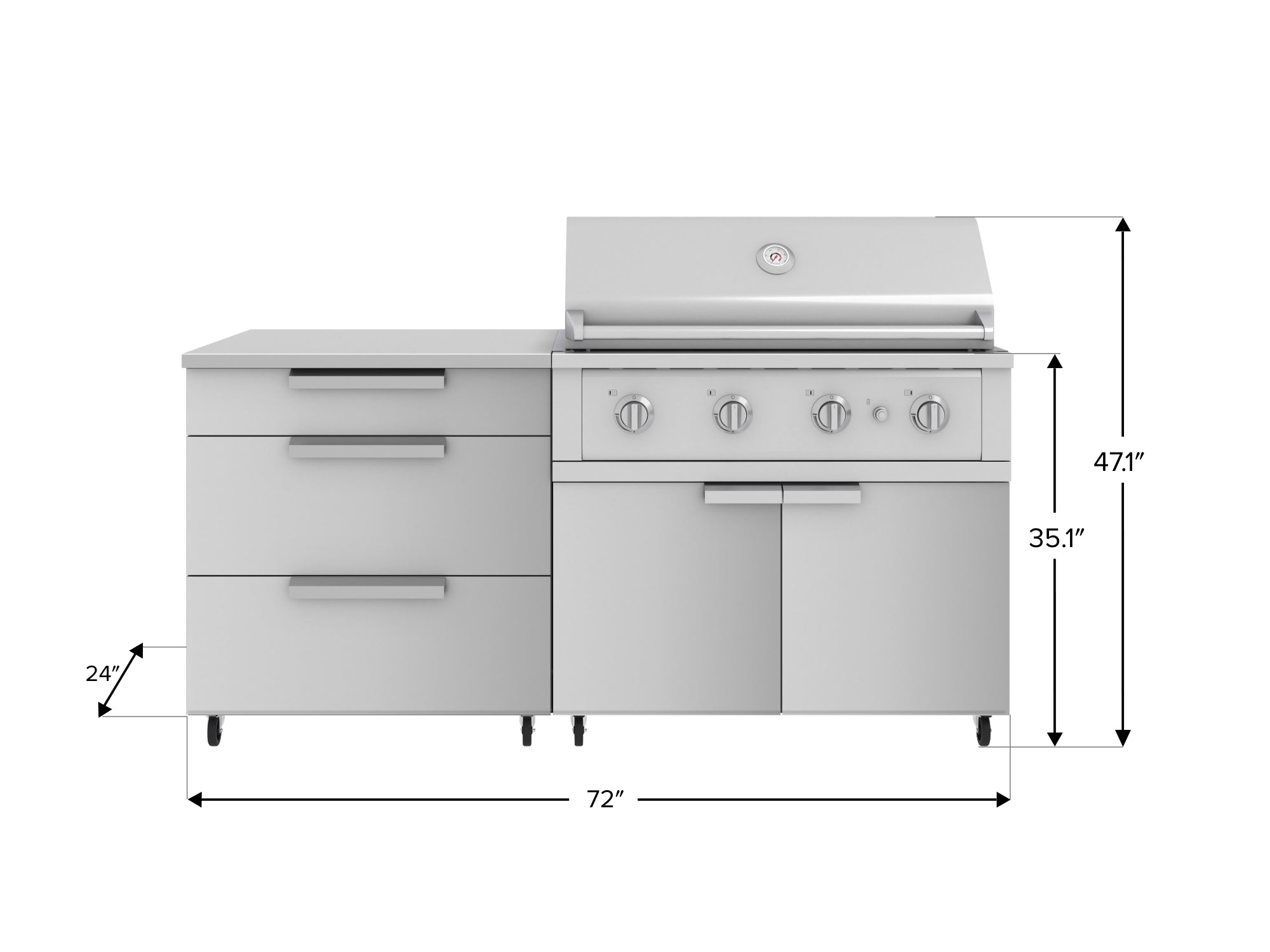 Outdoor Kitchen Stainless Steel 4 Piece Cabinet Set with Casters and 3 Drawer, Grill Cabinet, Performance Grill, Countertop