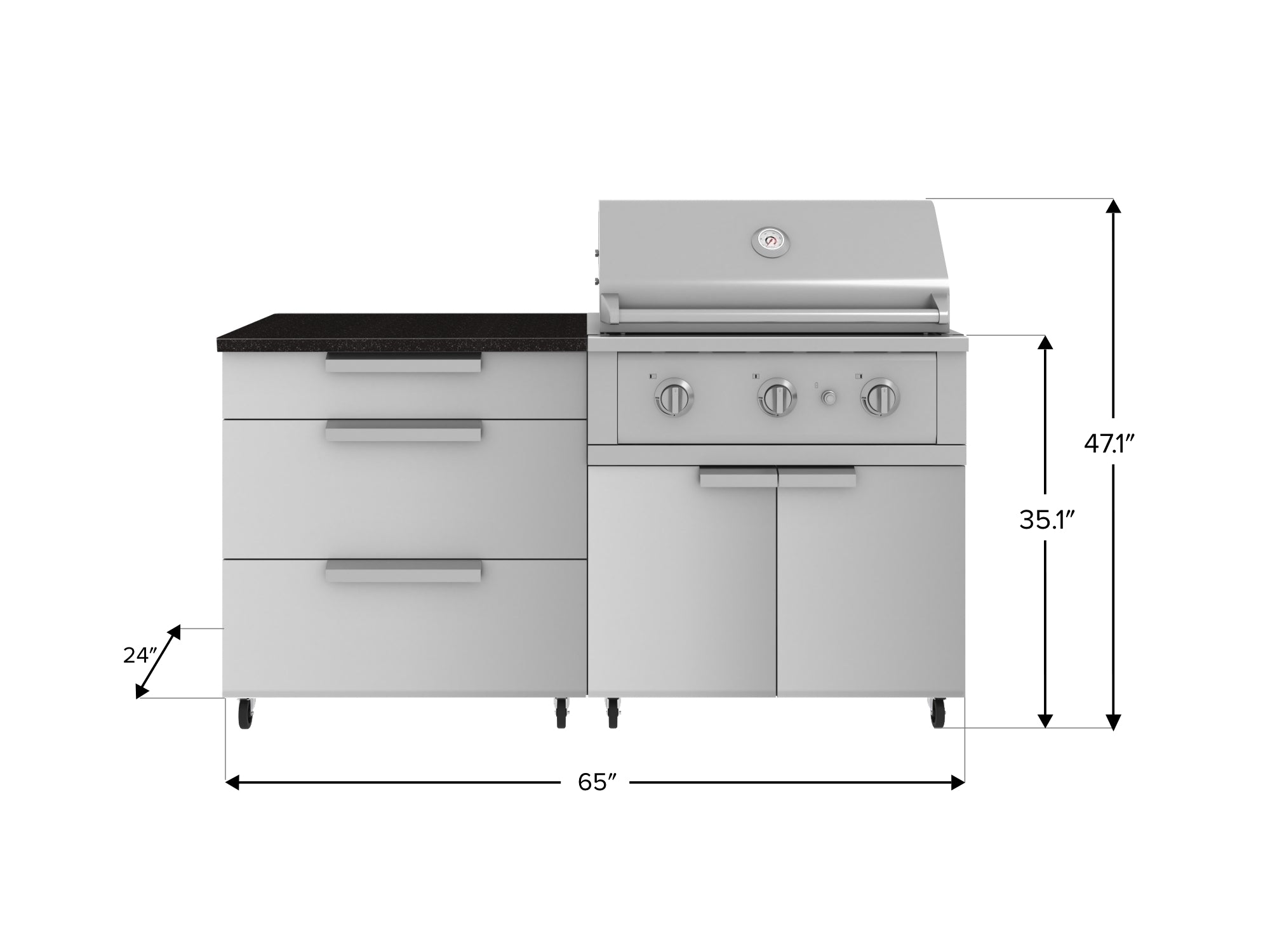 Outdoor Kitchen Stainless Steel 4 Piece Cabinet Set with Casters and 3 Drawer, Grill Cabinet, Performance Grill, Countertop