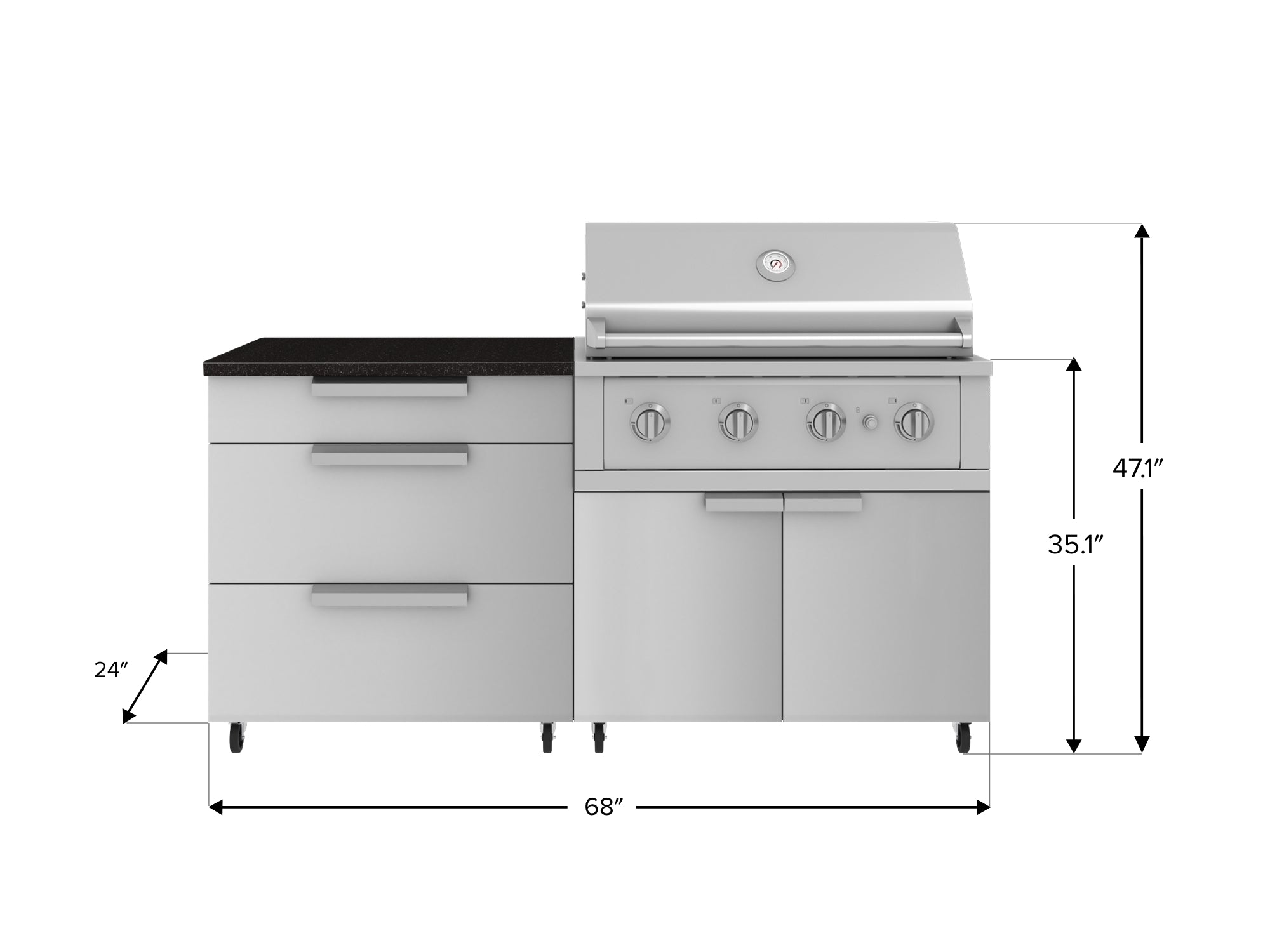 Outdoor Kitchen Stainless Steel 4 Piece Cabinet Set with Casters and 3 Drawer, Grill Cabinet, Performance Grill, Countertop