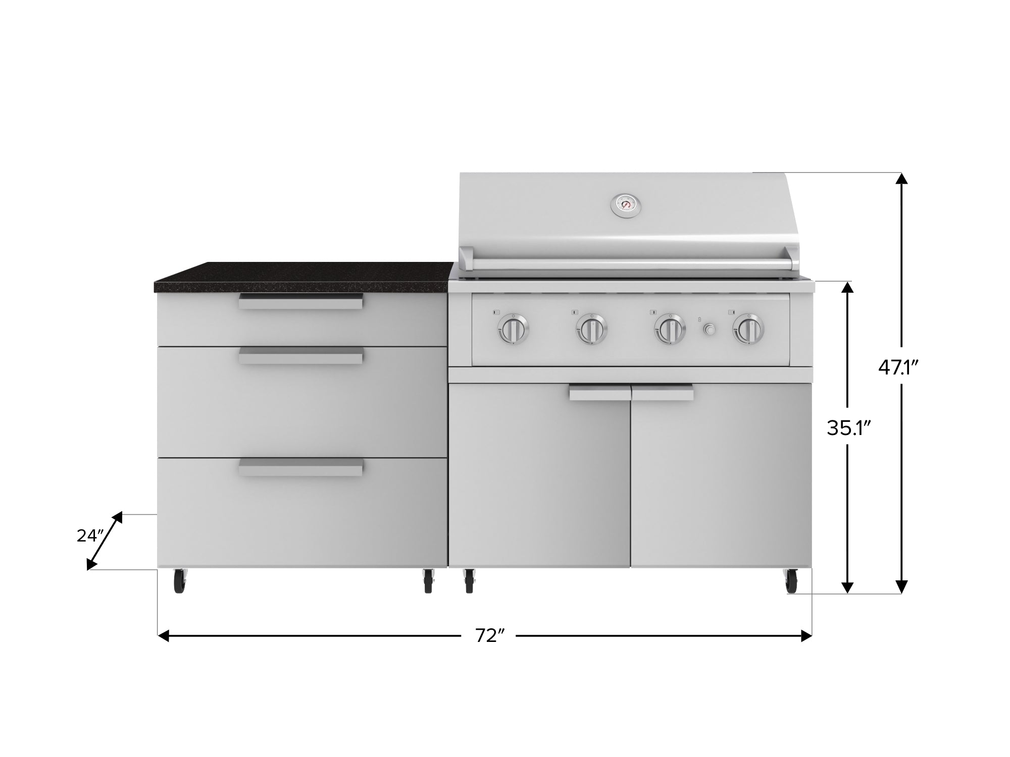 Outdoor Kitchen Stainless Steel 4 Piece Cabinet Set with Casters and 3 Drawer, Grill Cabinet, Performance Grill, Countertop