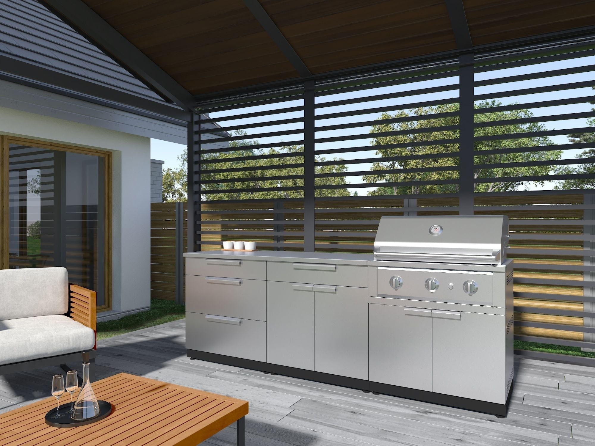 Outdoor Kitchen Stainless Steel 4 Piece Cabinet Set with Casters and 3 Drawer, Grill Cabinet, Performance Grill, Countertop