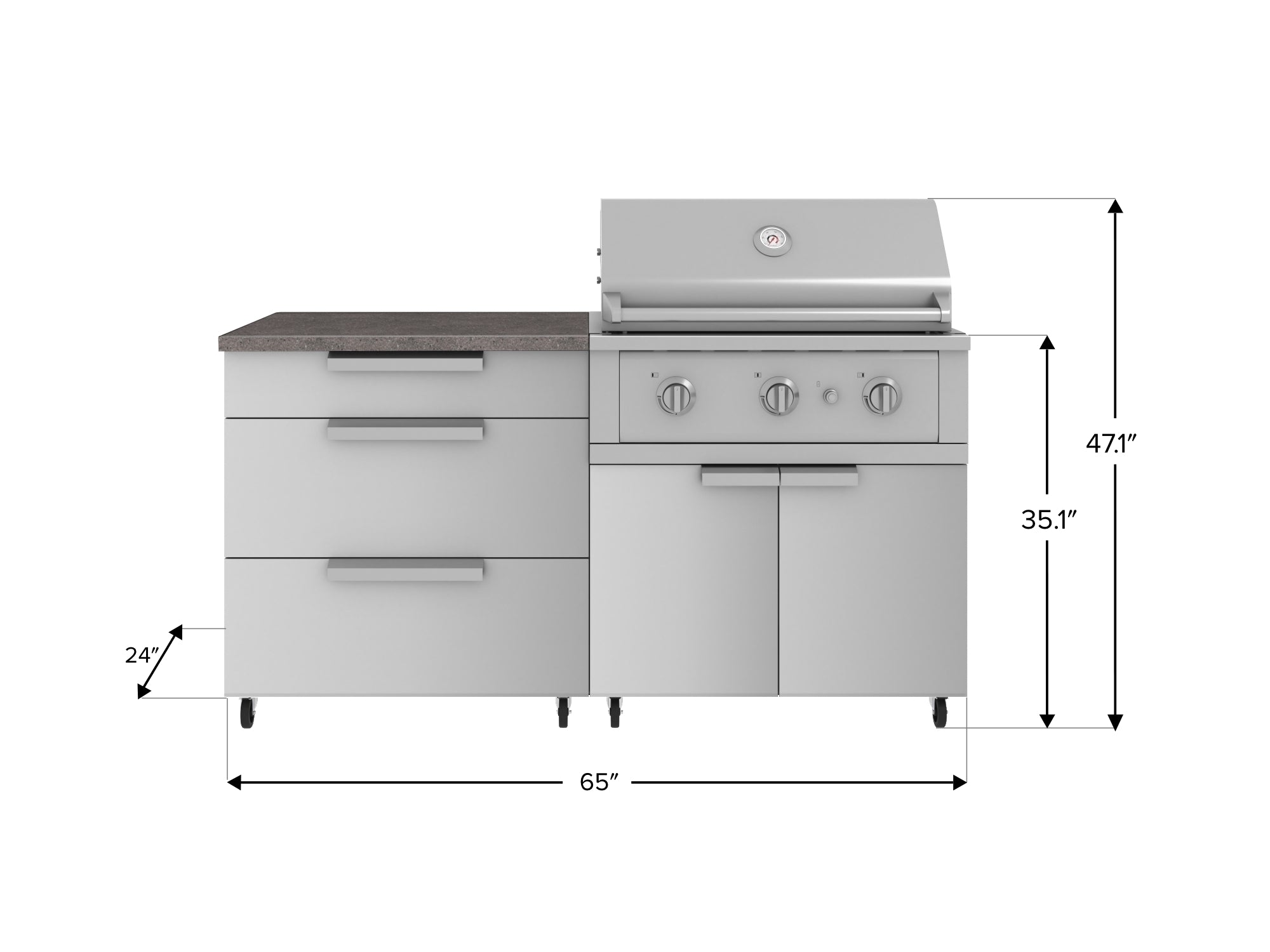 Outdoor Kitchen Stainless Steel 4 Piece Cabinet Set with Casters and 3 Drawer, Grill Cabinet, Performance Grill, Countertop