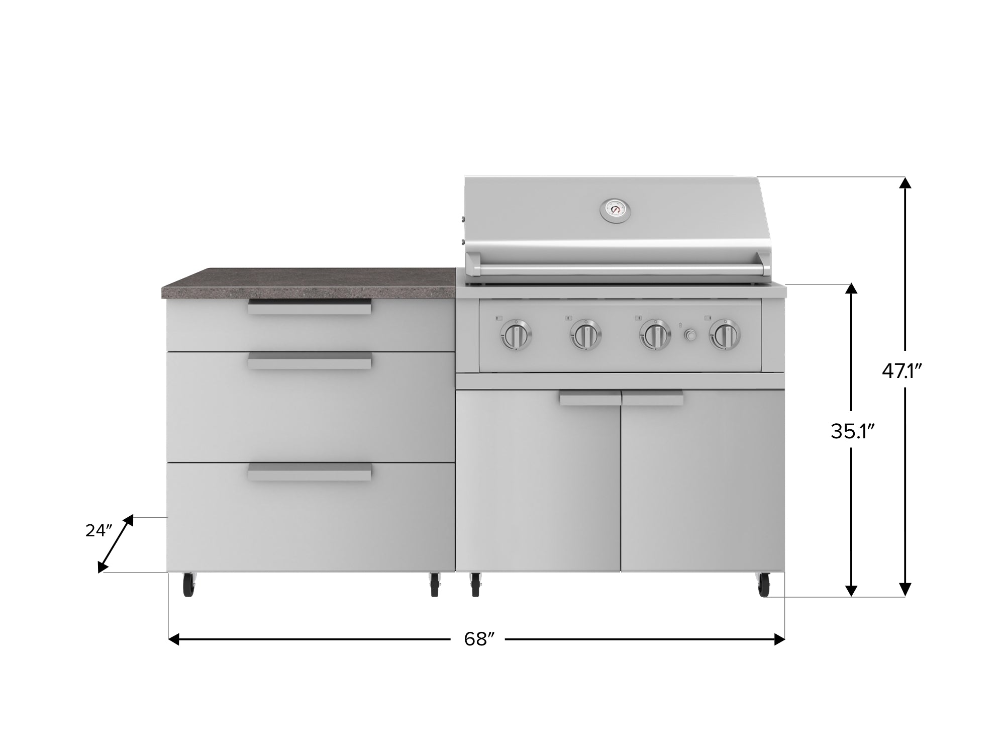 Outdoor Kitchen Stainless Steel 4 Piece Cabinet Set with Casters and 3 Drawer, Grill Cabinet, Performance Grill, Countertop