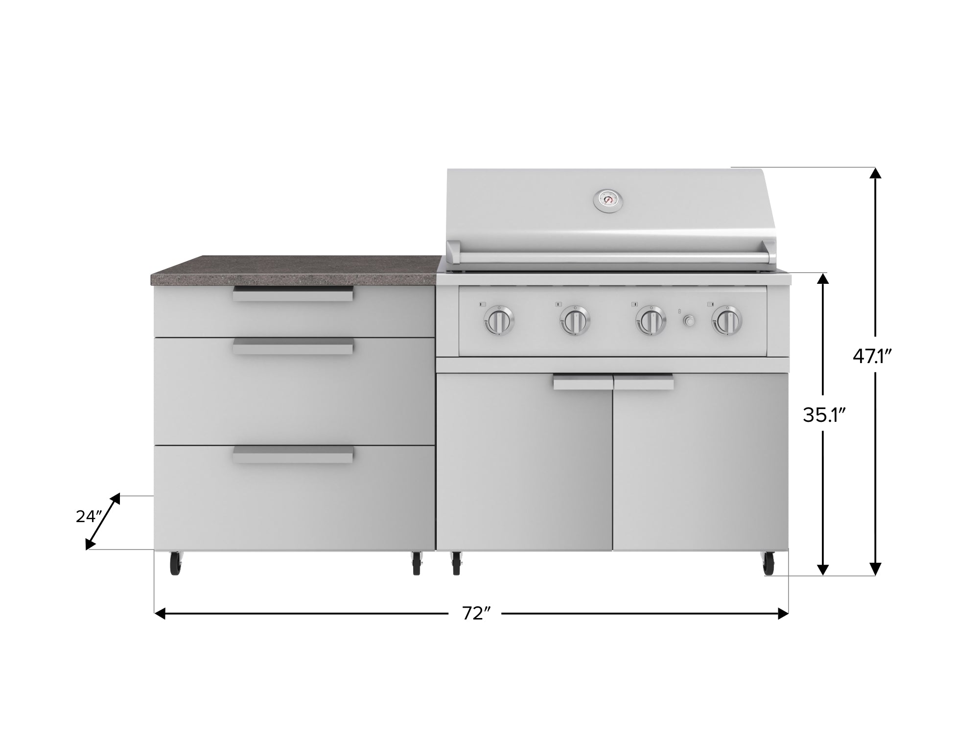 Outdoor Kitchen Stainless Steel 4 Piece Cabinet Set with Casters and 3 Drawer, Grill Cabinet, Performance Grill, Countertop