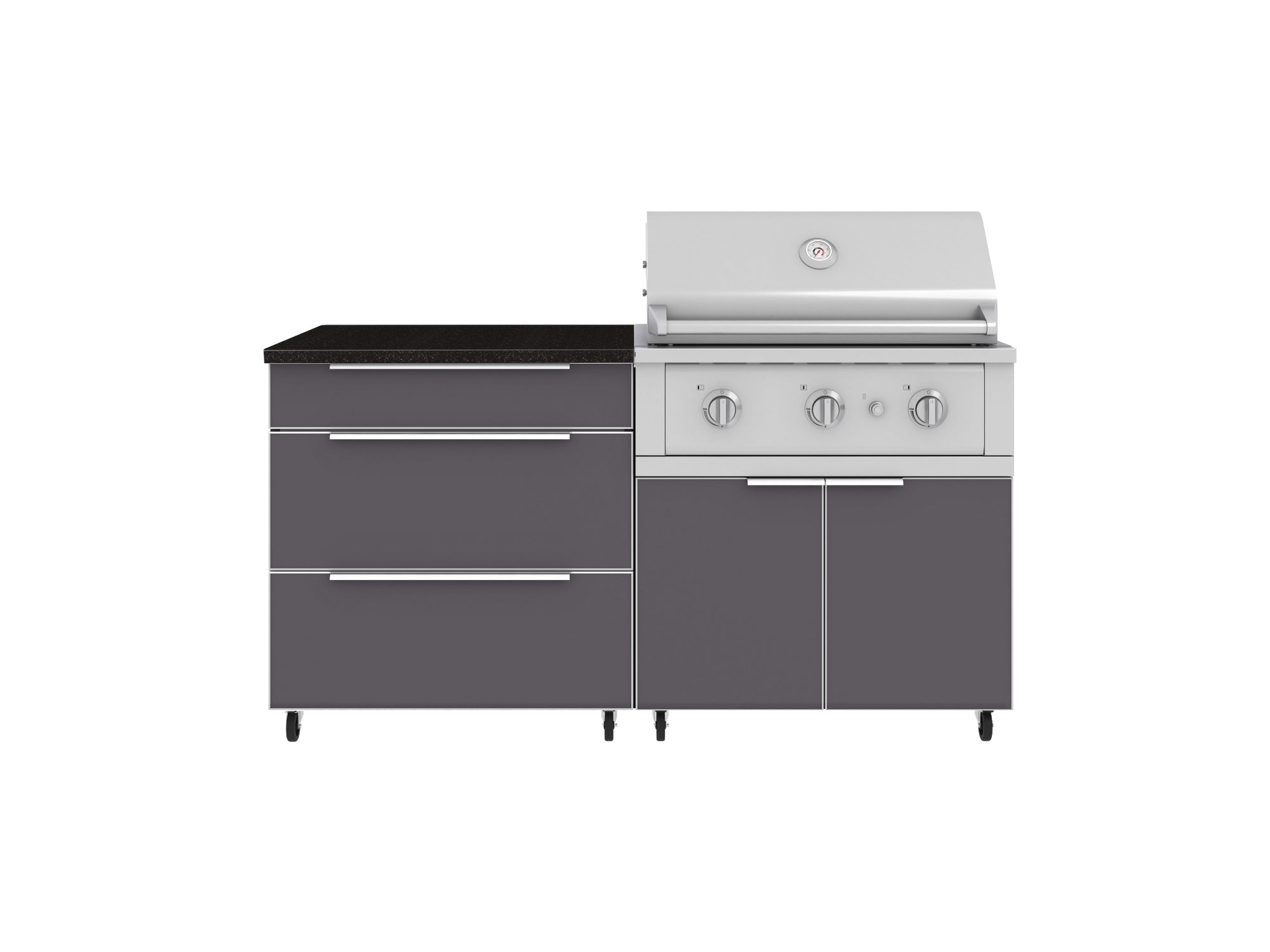 Outdoor Kitchen Aluminum 4 Piece Cabinet Set with Casters and 3 Drawer, Grill Cabinet, Performance Grill, Countertop