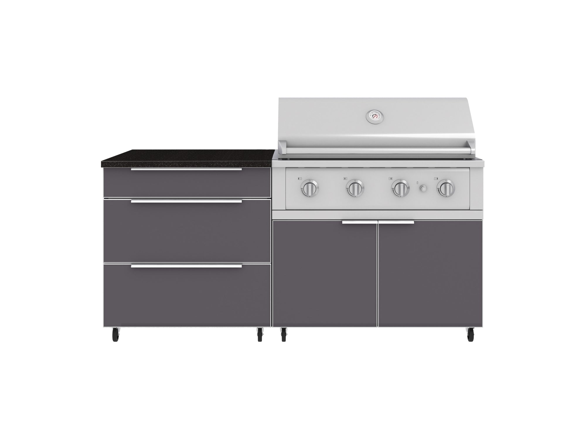 Outdoor Kitchen Aluminum 4 Piece Cabinet Set with Casters and 3 Drawer, Grill Cabinet, Performance Grill, Countertop