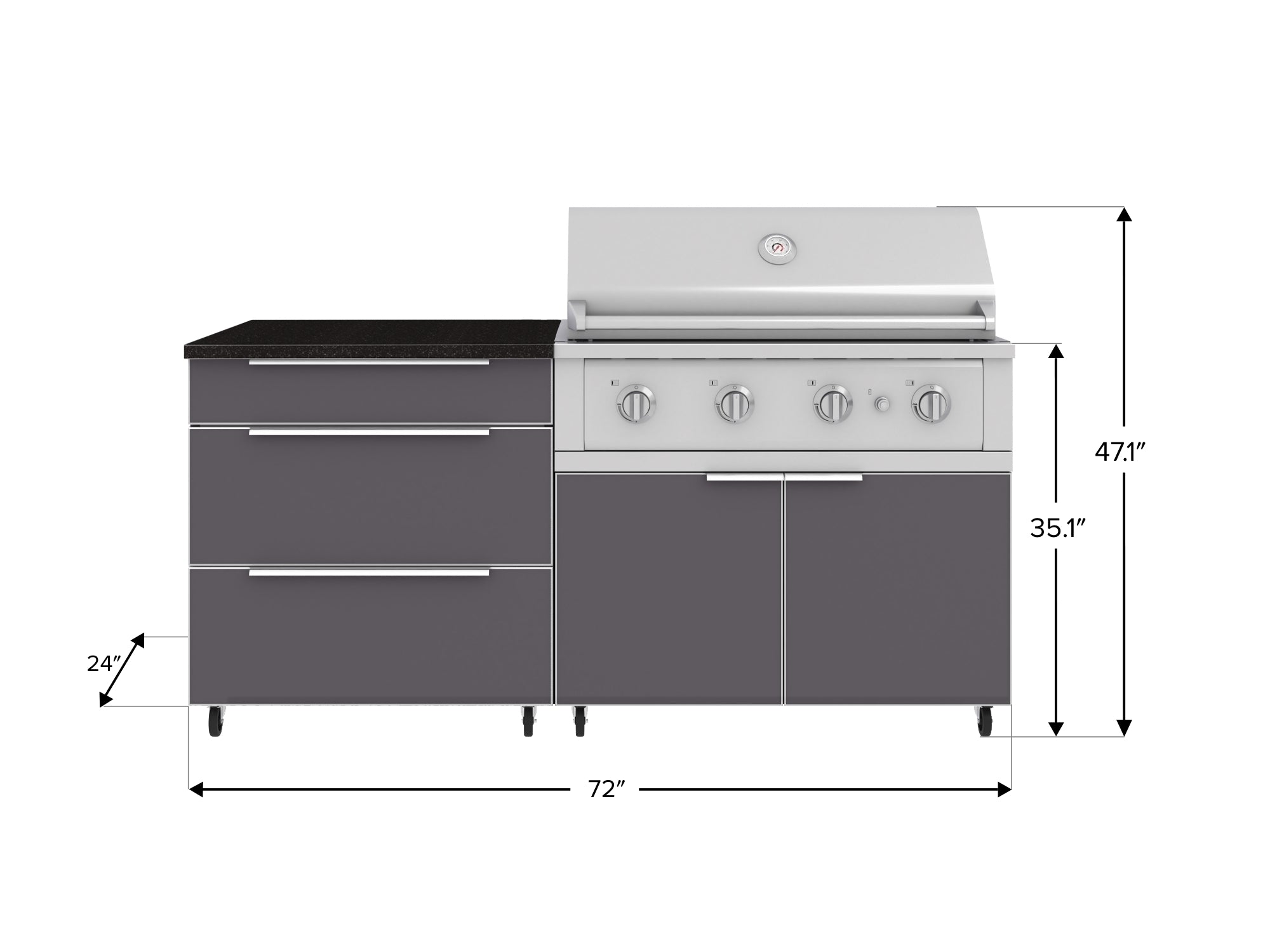 Outdoor Kitchen Aluminum 4 Piece Cabinet Set with Casters and 3 Drawer, Grill Cabinet, Performance Grill, Countertop