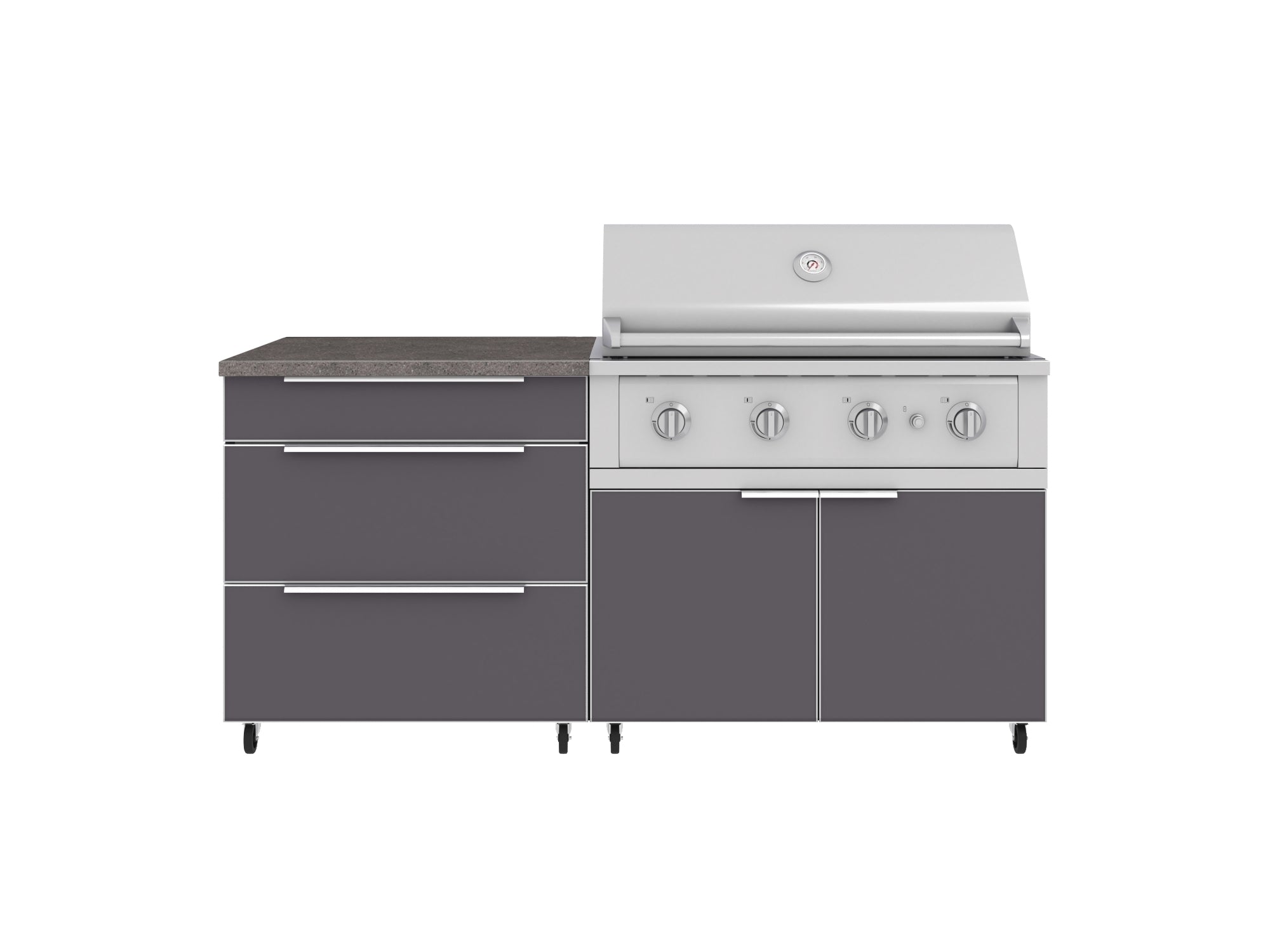 Outdoor Kitchen Aluminum 4 Piece Cabinet Set with Casters and 3 Drawer, Grill Cabinet, Performance Grill, Countertop