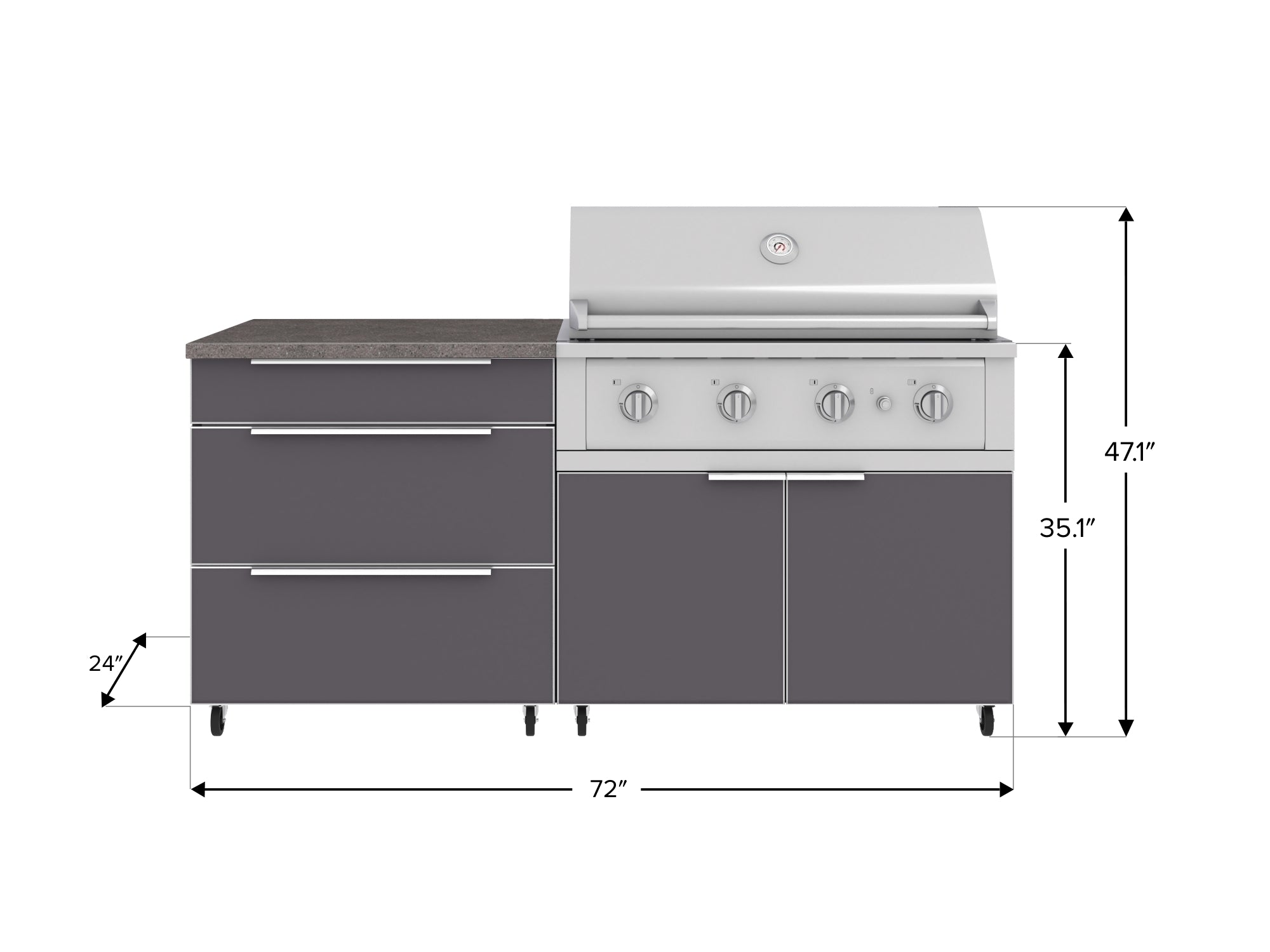 Outdoor Kitchen Aluminum 4 Piece Cabinet Set with Casters and 3 Drawer, Grill Cabinet, Performance Grill, Countertop