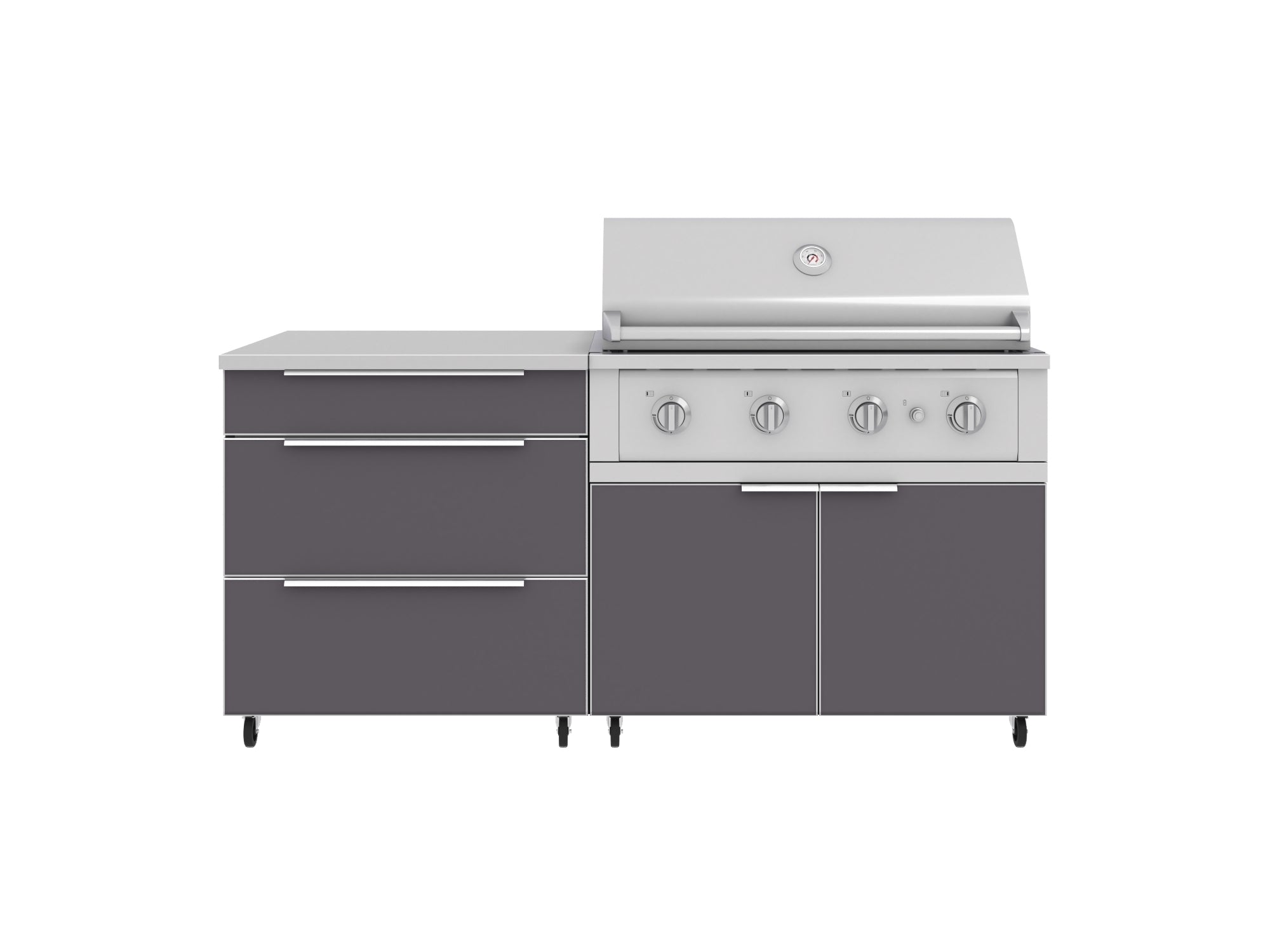 Outdoor Kitchen Aluminum 4 Piece Cabinet Set with Casters and 3 Drawer, Grill Cabinet, Performance Grill, Countertop