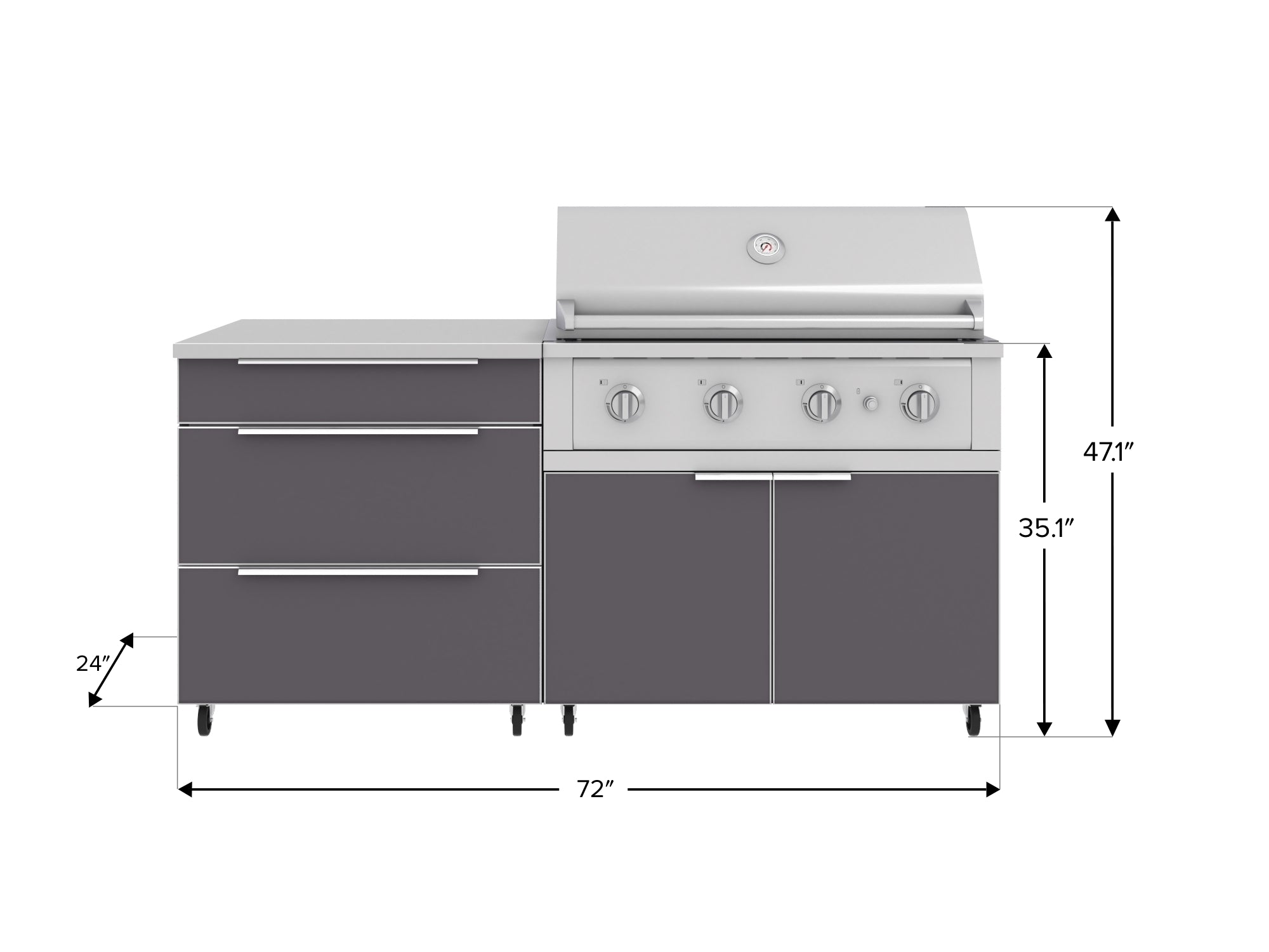 Outdoor Kitchen Aluminum 4 Piece Cabinet Set with Casters and 3 Drawer, Grill Cabinet, Performance Grill, Countertop