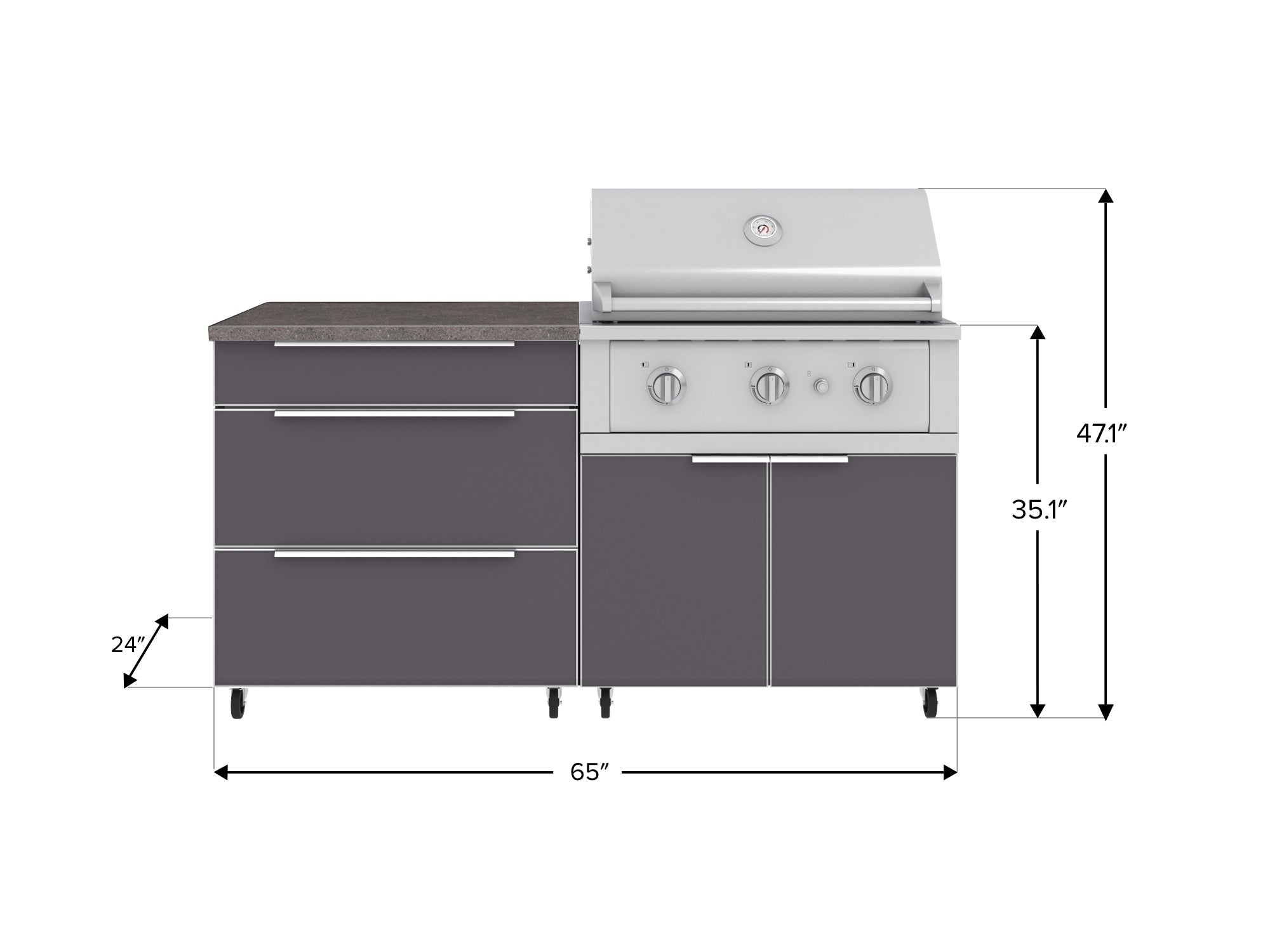Outdoor Kitchen Aluminum 4 Piece Cabinet Set with Casters and 3 Drawer, Grill Cabinet, Performance Grill, Countertop