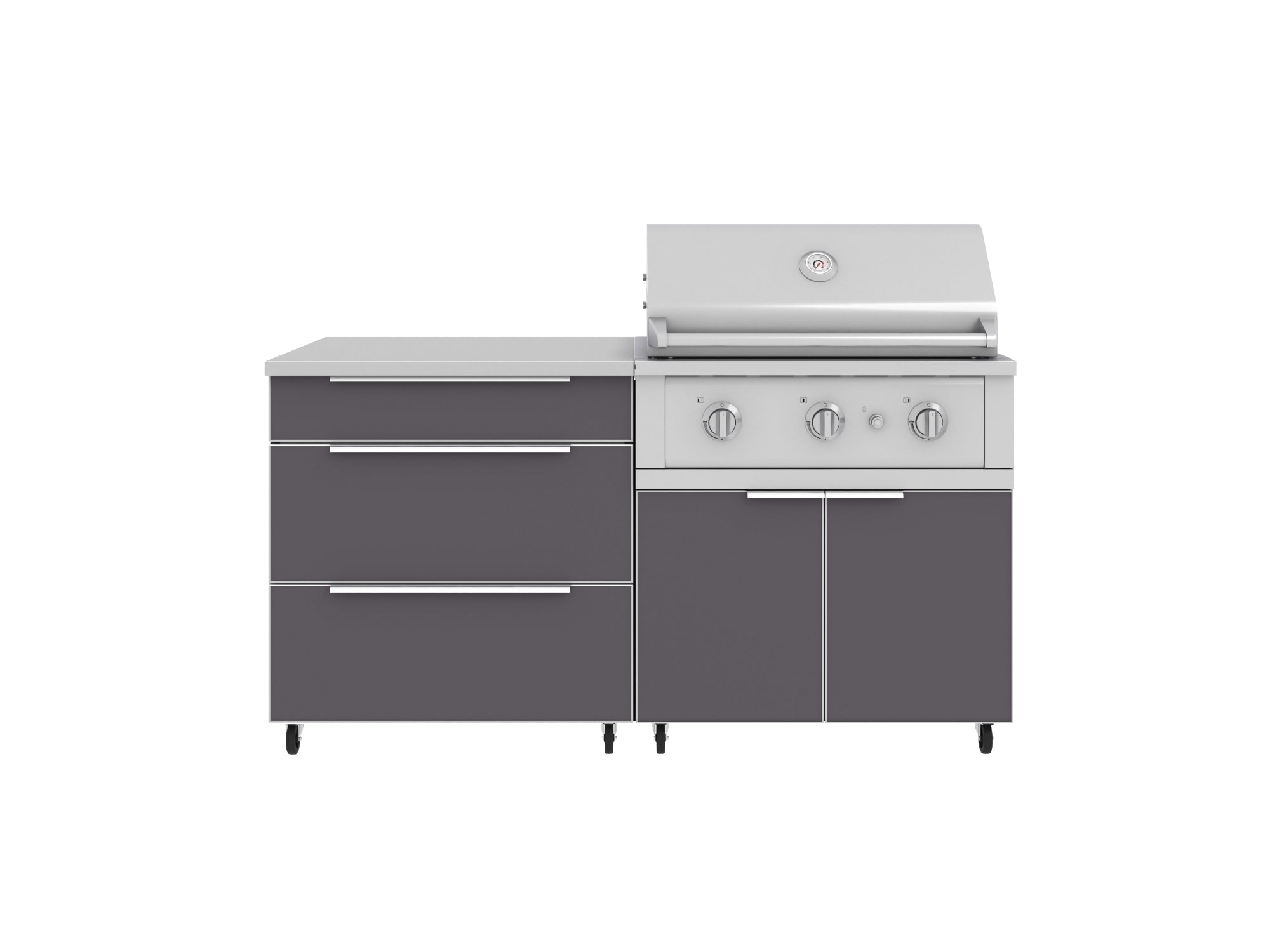 Outdoor Kitchen Aluminum 4 Piece Cabinet Set with Casters and 3 Drawer, Grill Cabinet, Performance Grill, Countertop