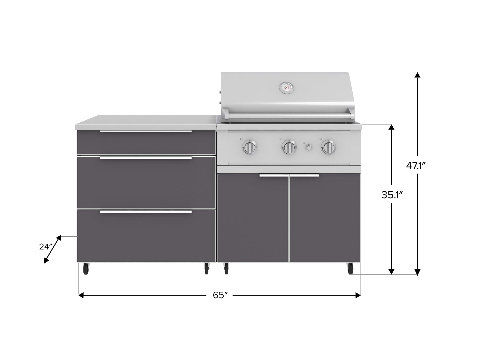 Outdoor Kitchen Aluminum 4 Piece Cabinet Set with Casters and 3 Drawer, Grill Cabinet, Performance Grill, Countertop