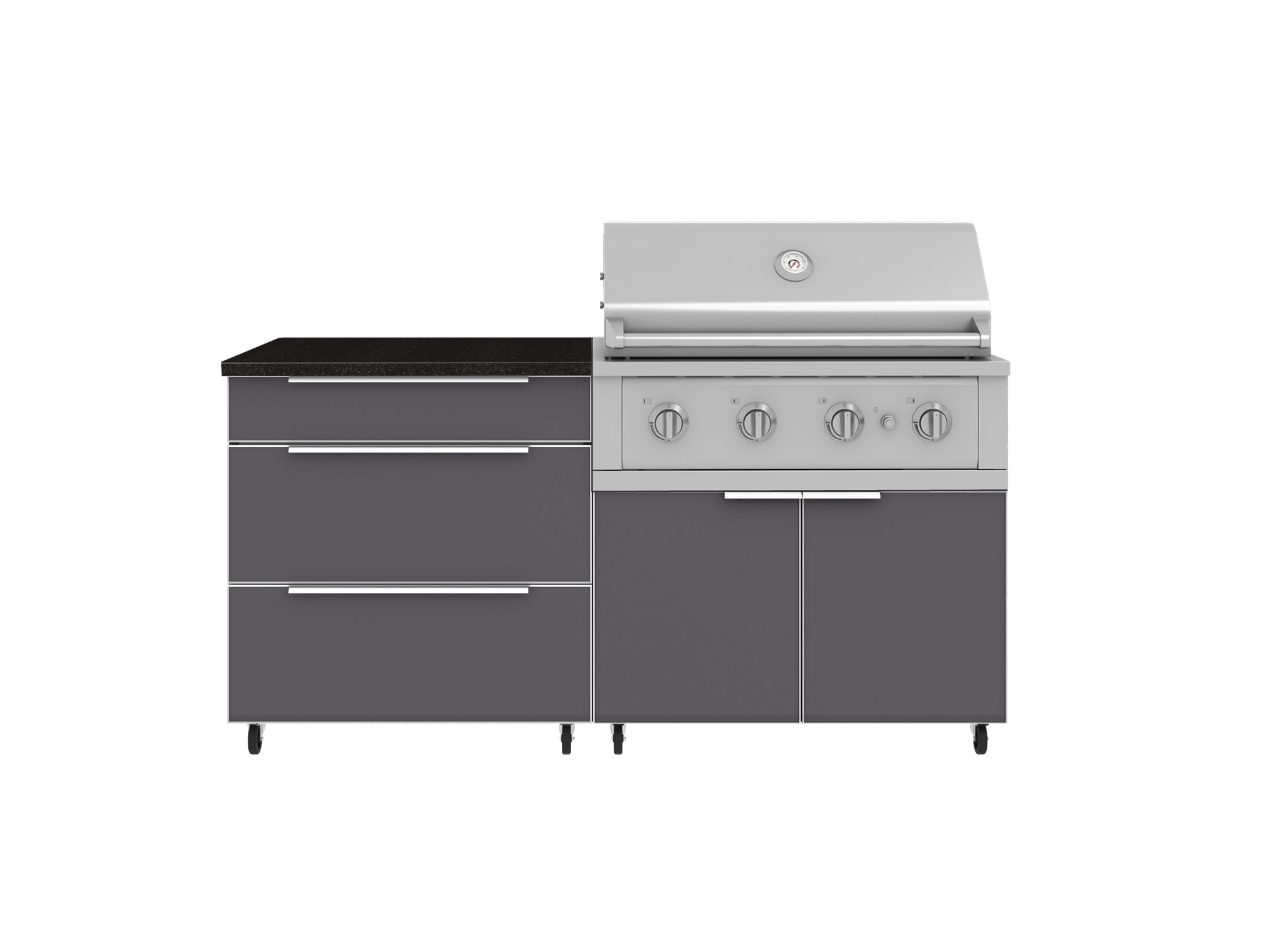 Outdoor Kitchen Aluminum 4 Piece Cabinet Set with Casters and 3 Drawer, Grill Cabinet, Performance Grill, Countertop