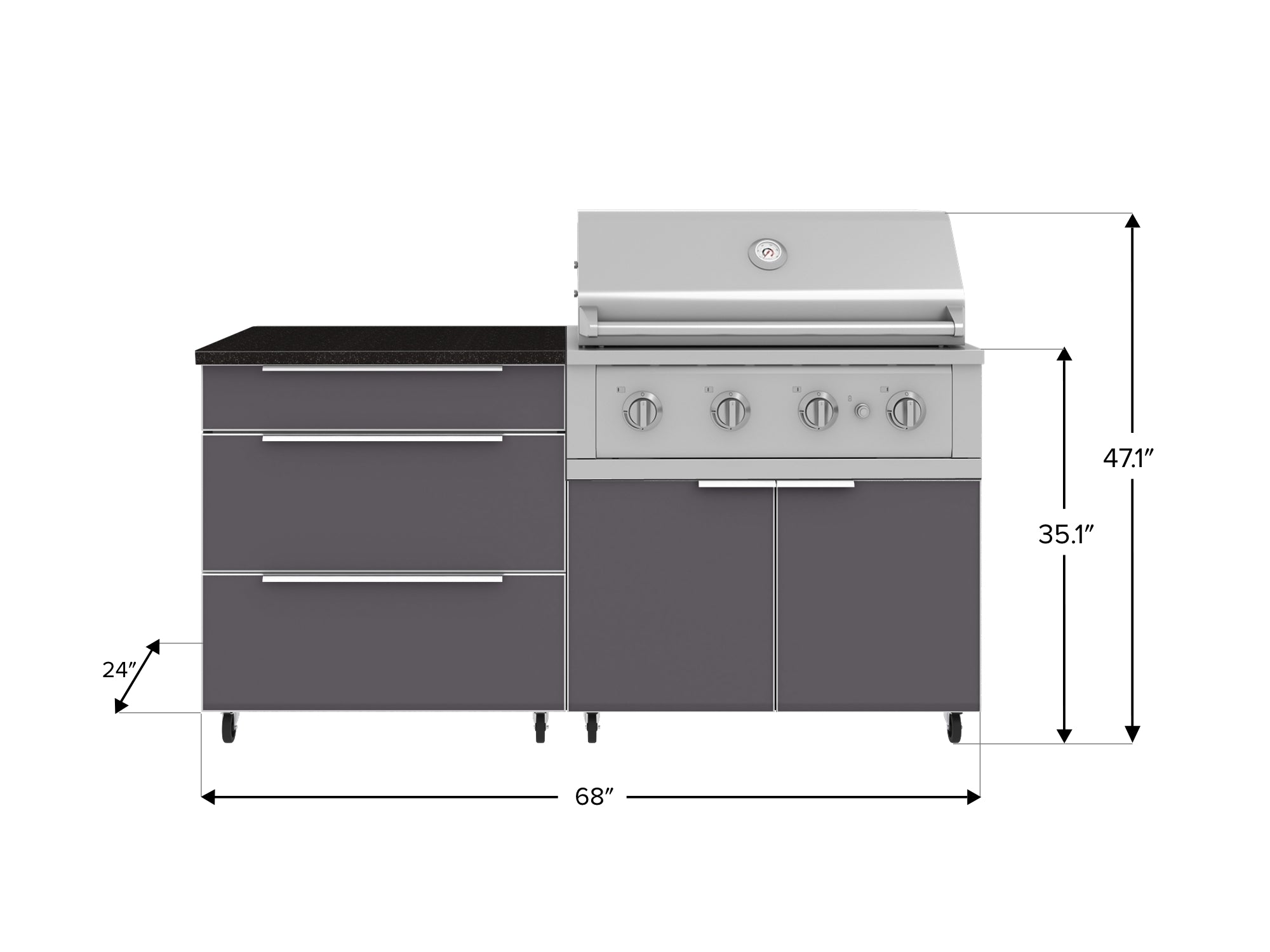 Outdoor Kitchen Aluminum 4 Piece Cabinet Set with Casters and 3 Drawer, Grill Cabinet, Performance Grill, Countertop
