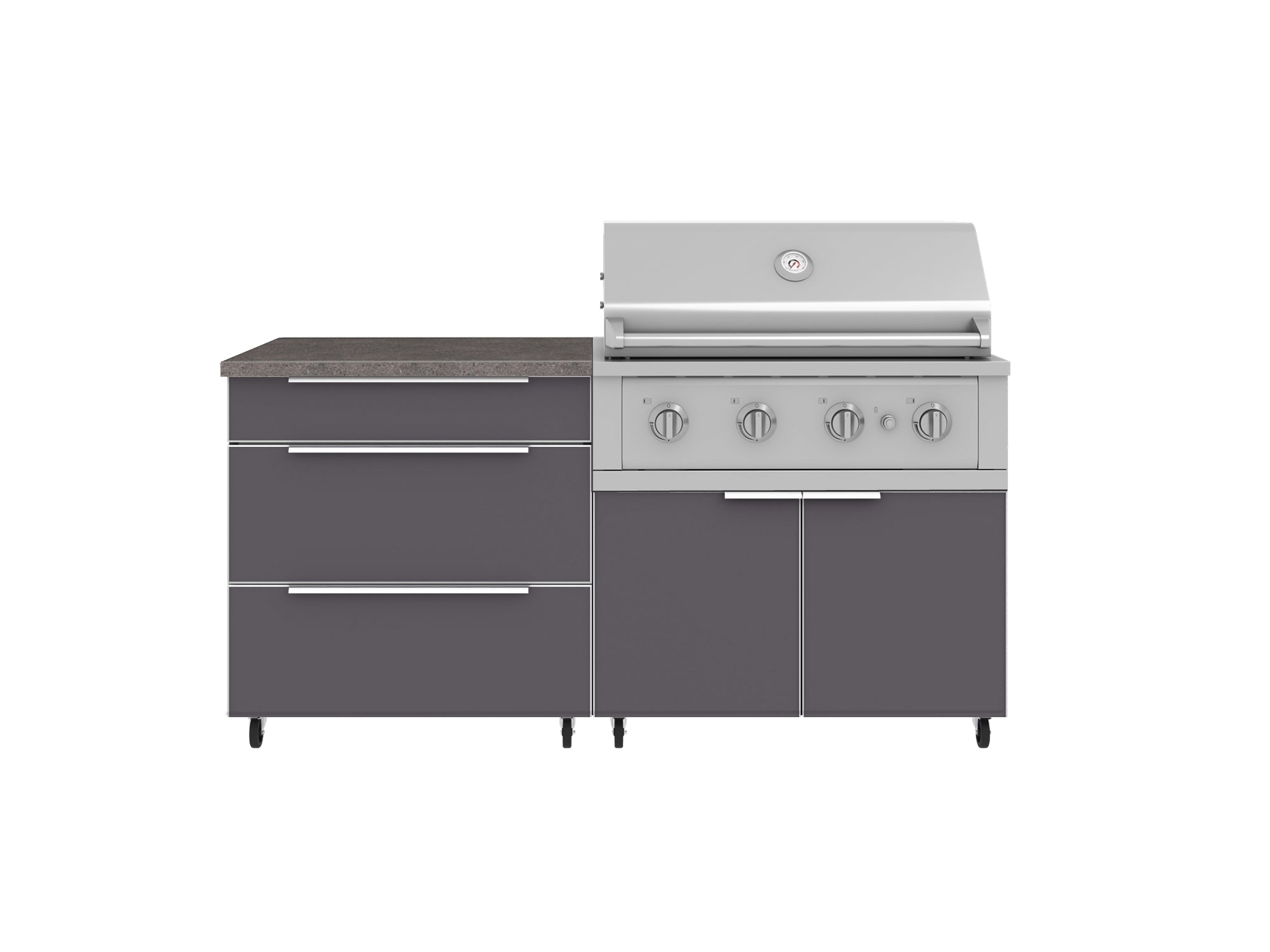 Outdoor Kitchen Aluminum 4 Piece Cabinet Set with Casters and 3 Drawer, Grill Cabinet, Performance Grill, Countertop