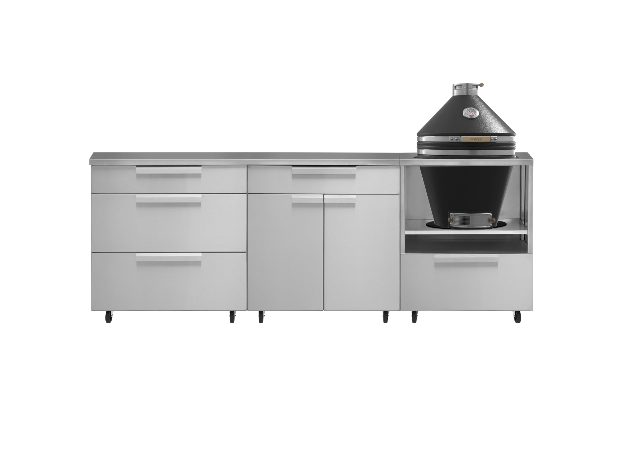 Outdoor Kitchen Stainless Steel 5 Piece Cabinet Set With Casters and 3 Drawer, Bar, Kamado, Kamado Cabinet, Countertop