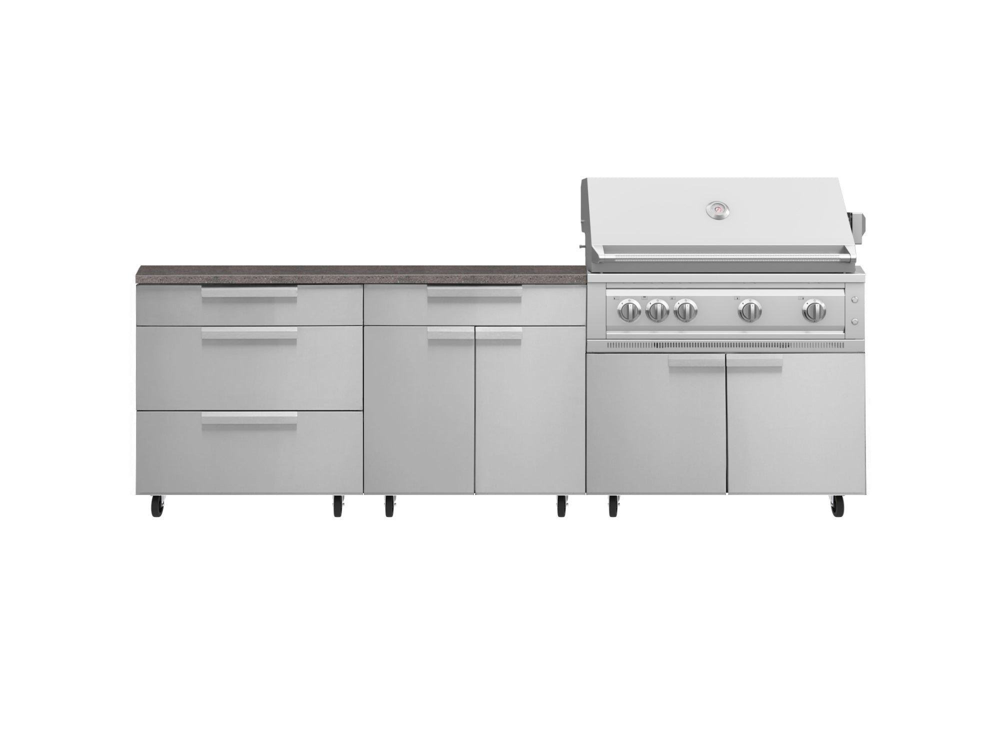 Outdoor Kitchen Stainless Steel 5 Piece Cabinet Set with Casters and 3 Drawer, Bar, Grill Cabinet, Platinum Grill, Countertop