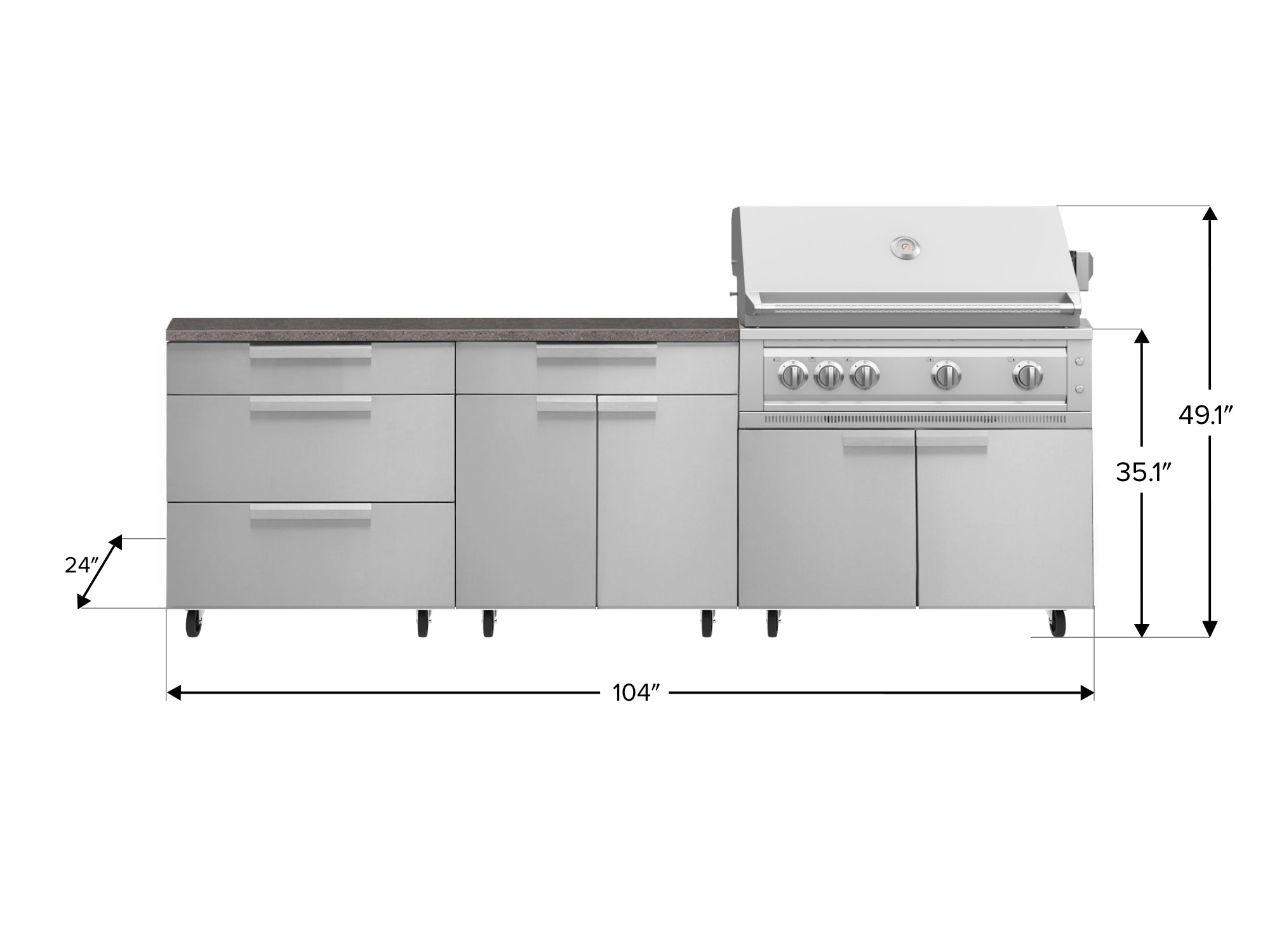 Outdoor Kitchen Stainless Steel 5 Piece Cabinet Set with Casters and 3 Drawer, Bar, Grill Cabinet, Platinum Grill, Countertop